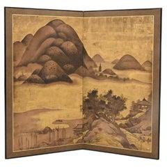 Vintage Two Panel Asian Screen Landscape Scene