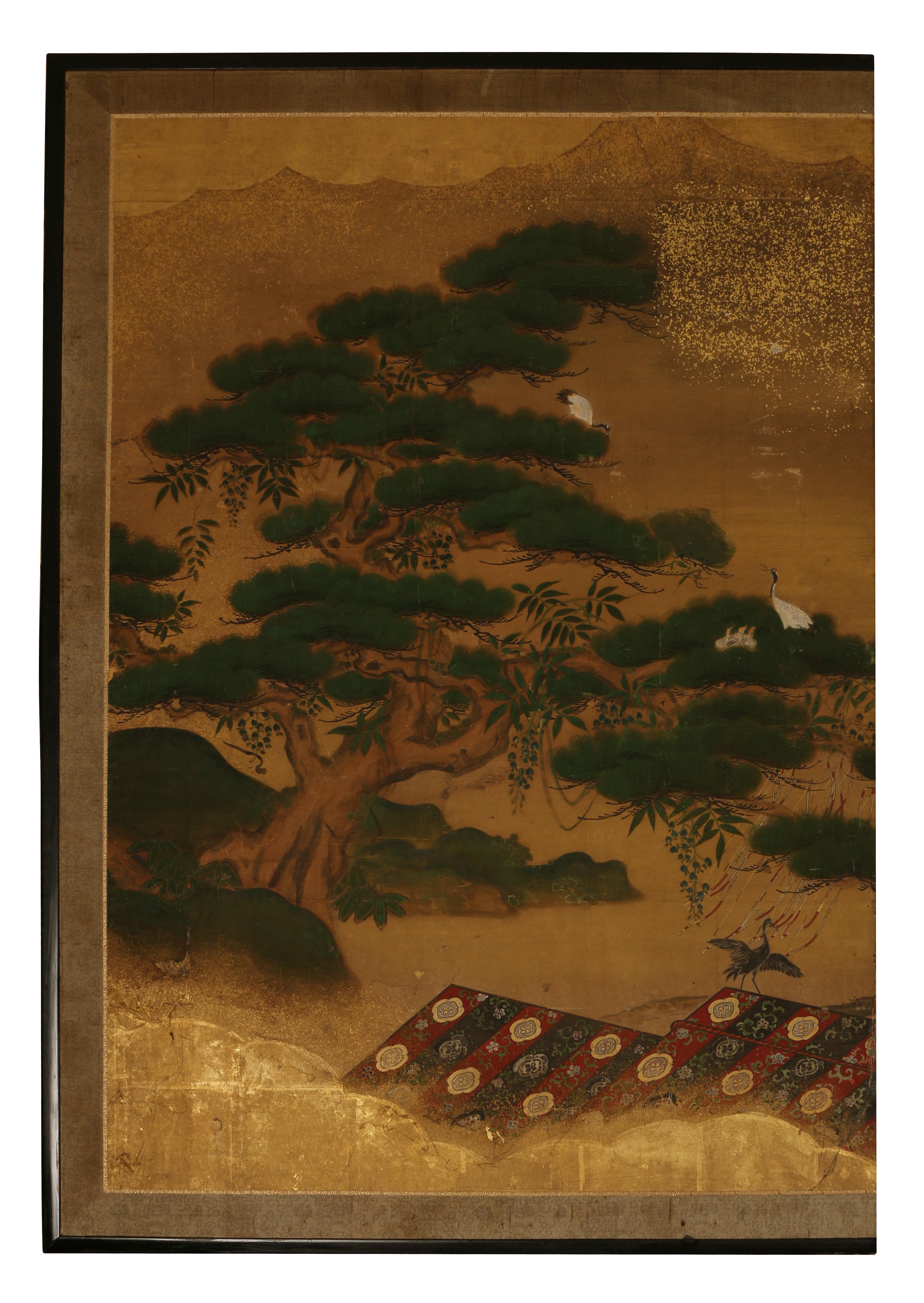 Vintage two-panel, Japanese byobu gold toned screen with landscape design ink and color on paper.