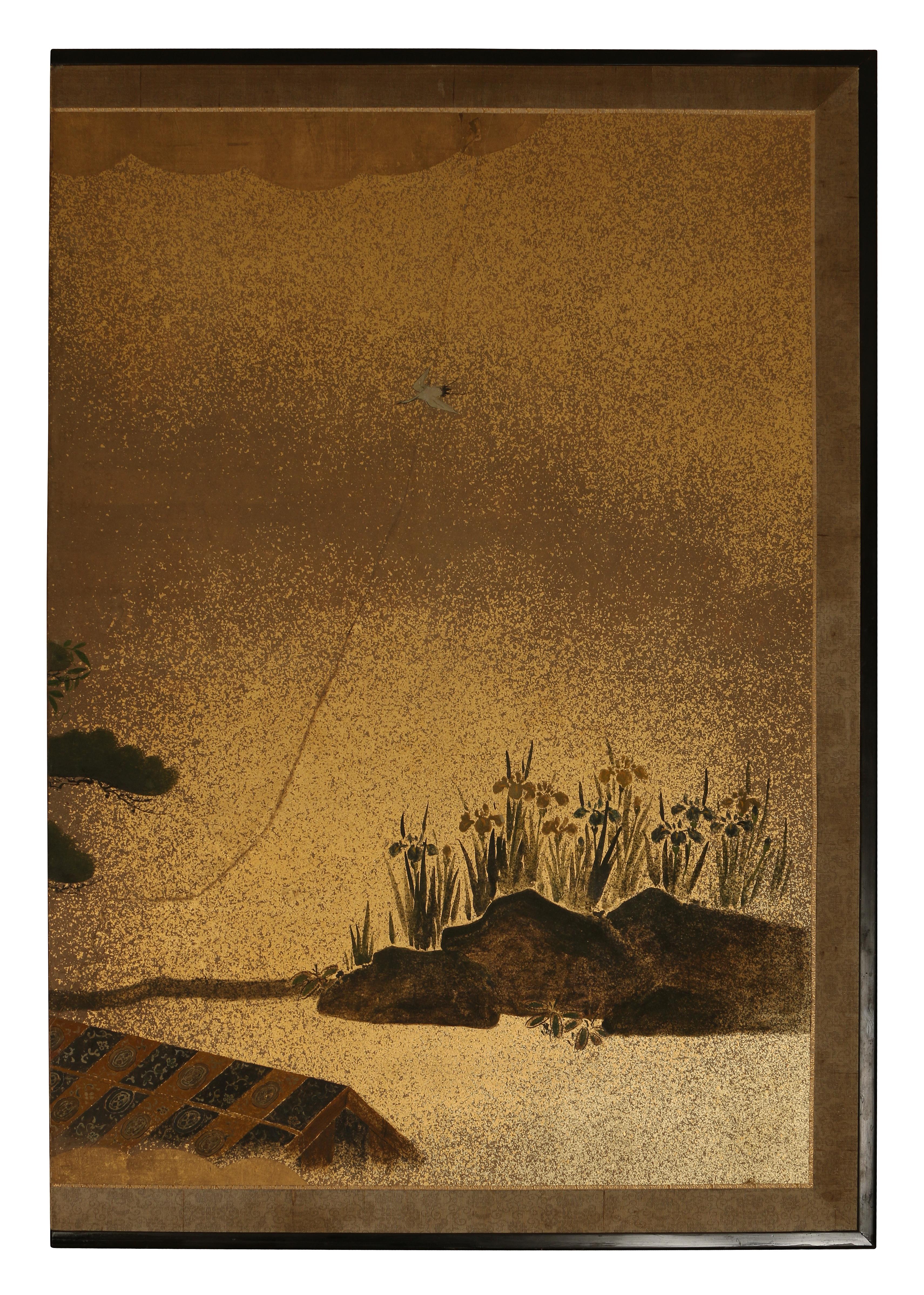 Hand-Painted Vintage Two-Panel Japanese Gold Toned Screen