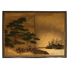 Vintage Two-Panel Japanese Gold Toned Screen