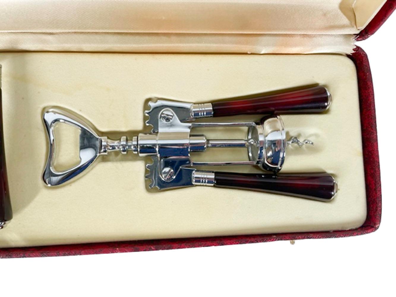 American Vintage Two Part Boxed Glo-Hill Bar Tool Set in Chrome and Bakelite