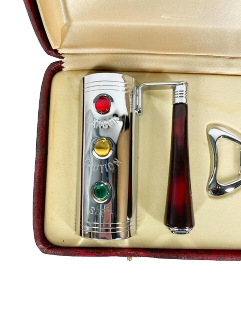 Vintage Two Part Boxed Glo-Hill Bar Tool Set in Chrome and Bakelite In Good Condition In Nantucket, MA