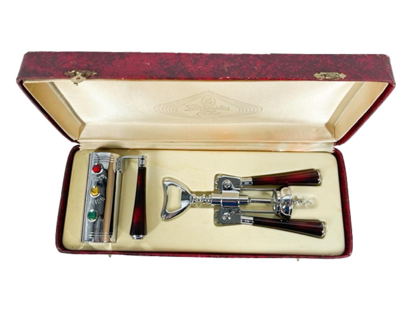 20th Century Vintage Two Part Boxed Glo-Hill Bar Tool Set in Chrome and Bakelite