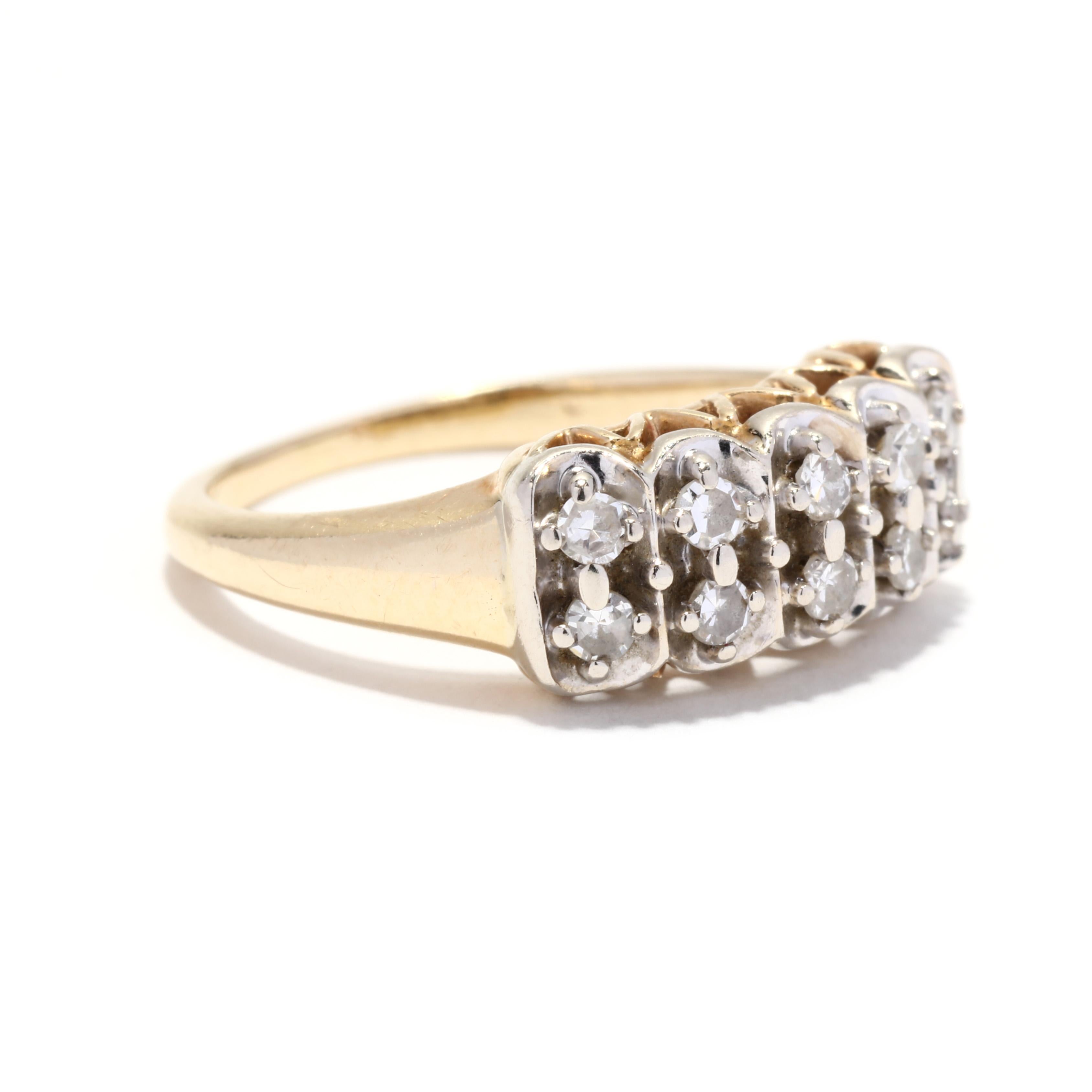 A vintage 14 karat yellow and white gold diamond band. This two row band features two rows of single cut round diamonds weighing approximately .20 total carats set in white gold and with a tapered yellow god band.

Stones:
- diamonds, 10 stones
-
