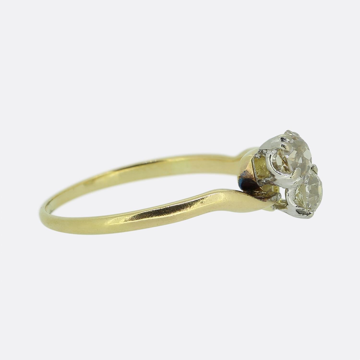 Old Mine Cut Vintage Two-Stone Diamond Crossover Ring For Sale