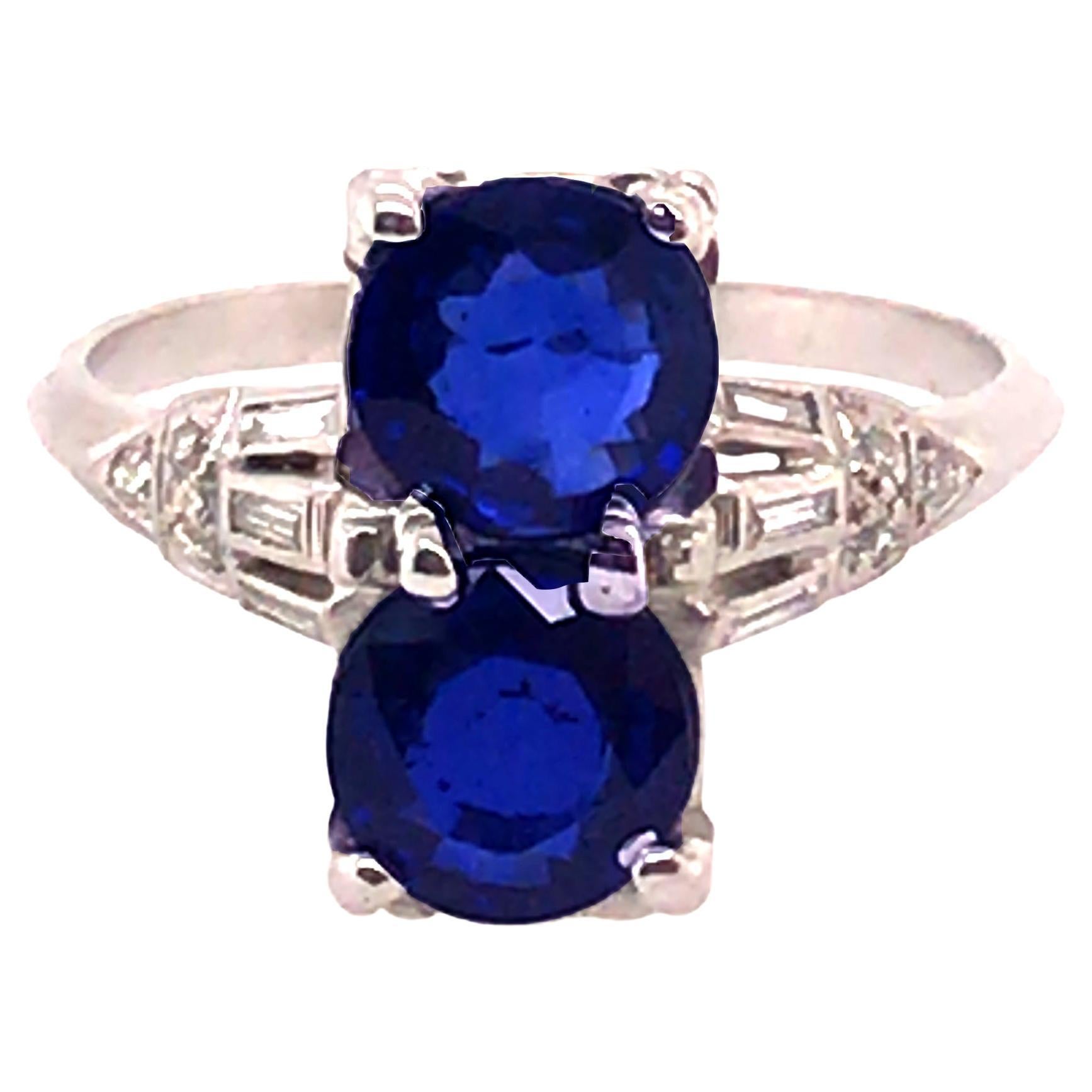 Art Deco 2 Stone Sapphire Diamond Ring 2.71ct Baguettes Original 1920's Plat For Sale