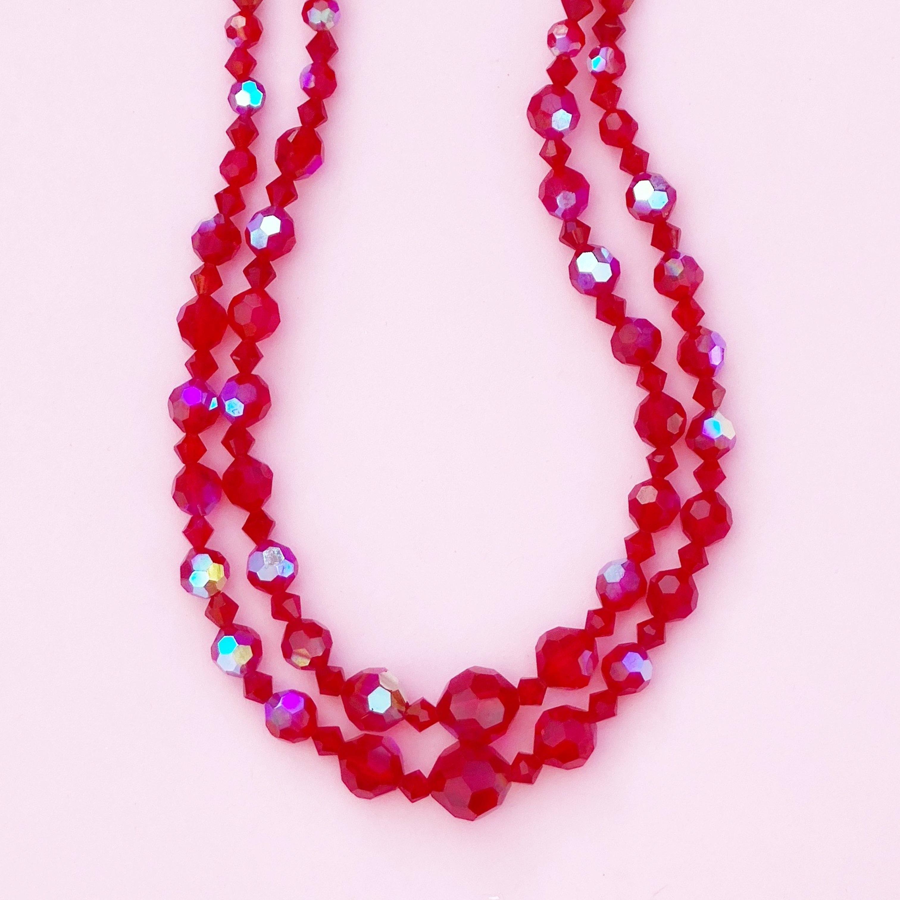 Modern Vintage Two Strand Aurora Borealis Ruby Red Crystal Necklace, 1960s