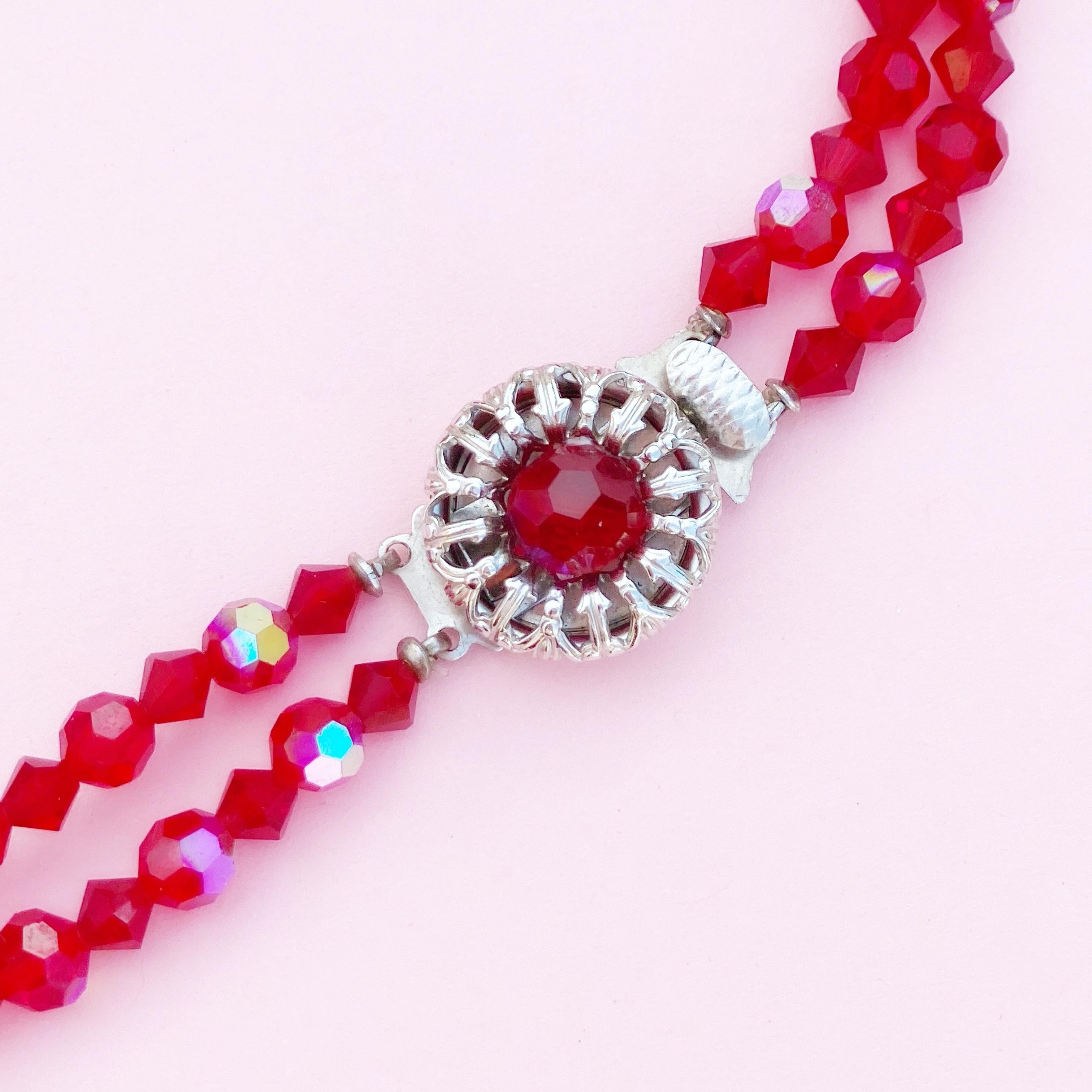 Vintage Two Strand Aurora Borealis Ruby Red Crystal Necklace, 1960s In Good Condition In McKinney, TX
