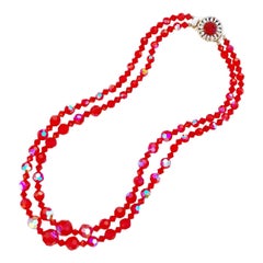 Vintage Two Strand Aurora Borealis Ruby Red Crystal Necklace, 1960s