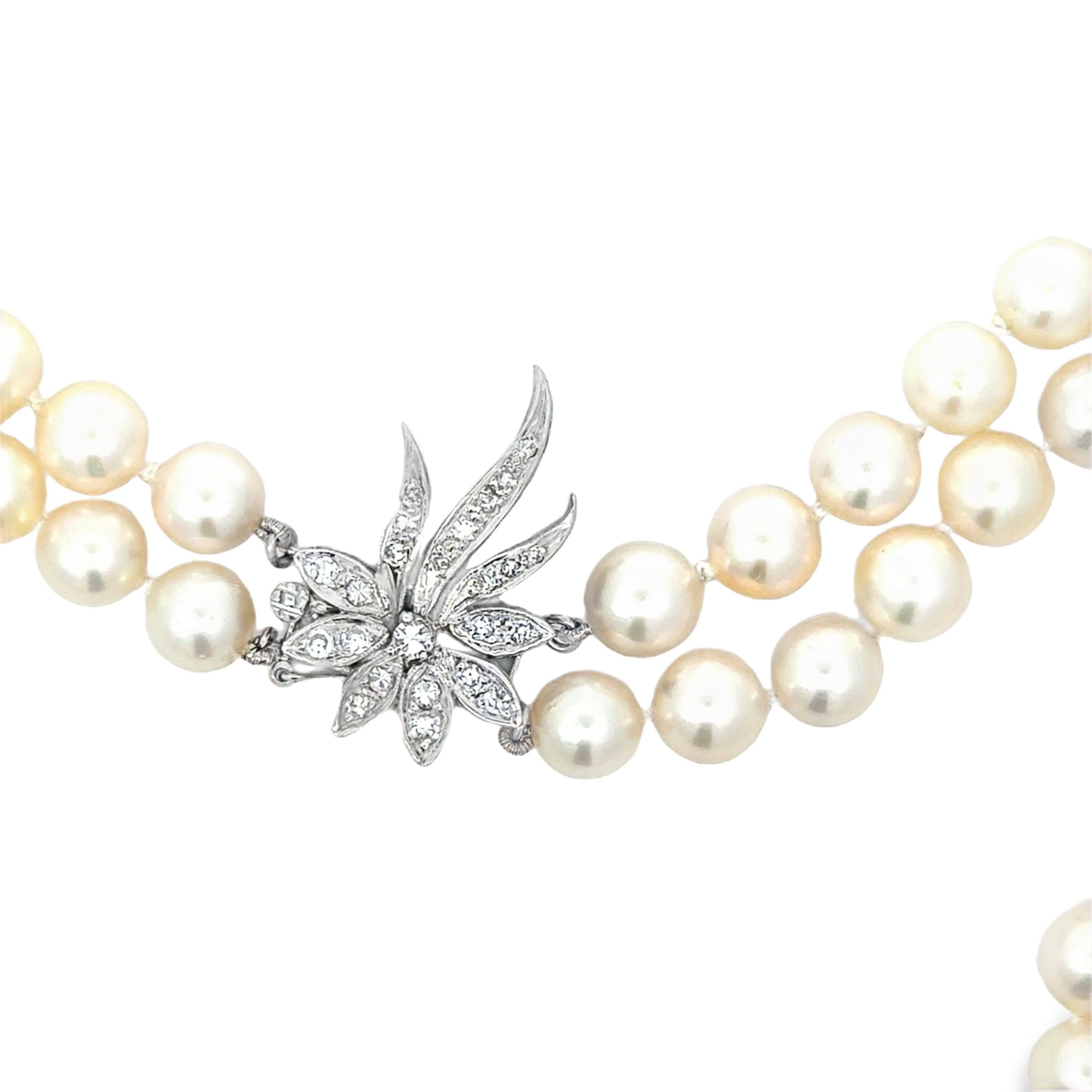 Single Cut Vintage Two Strand Japanese Akoya Pearl Necklace For Sale