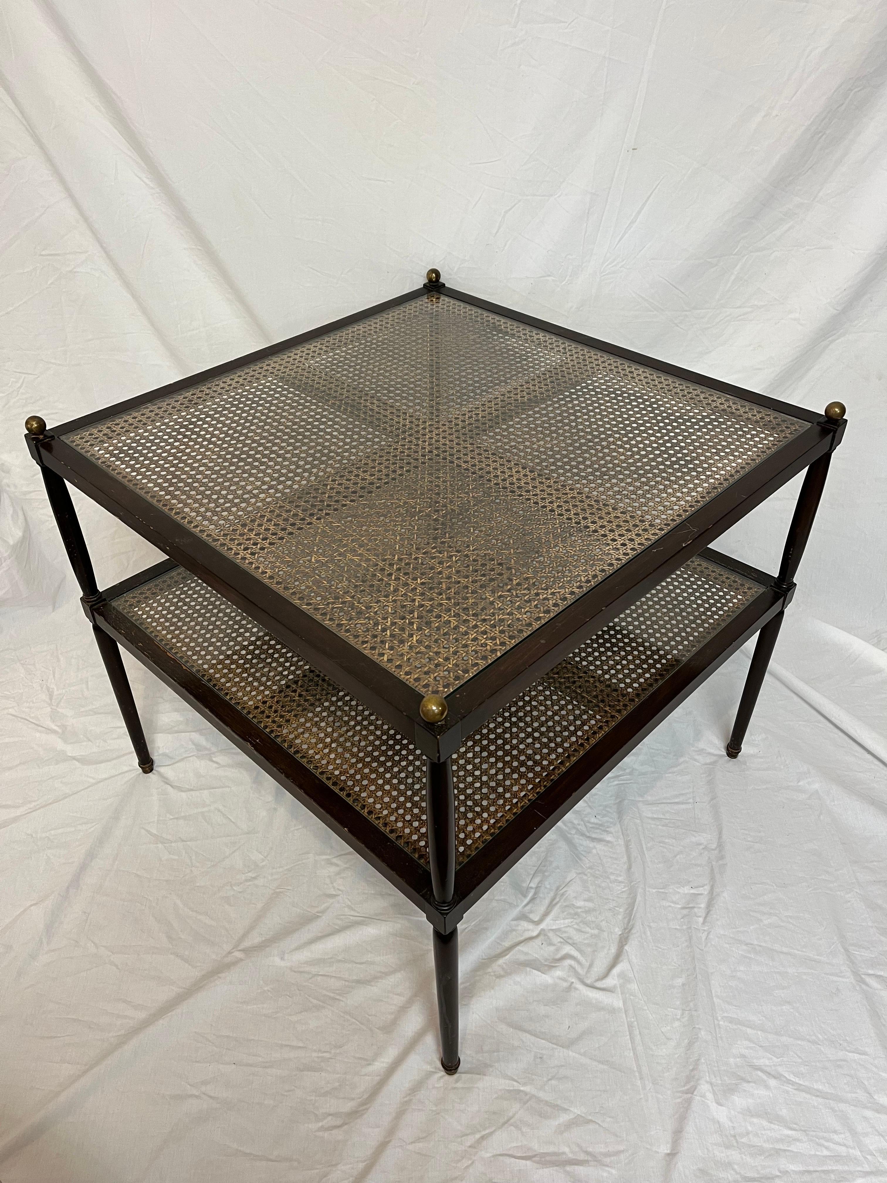Vintage Two Tier Cane Brass Wood and Glass Large Square End Table 4