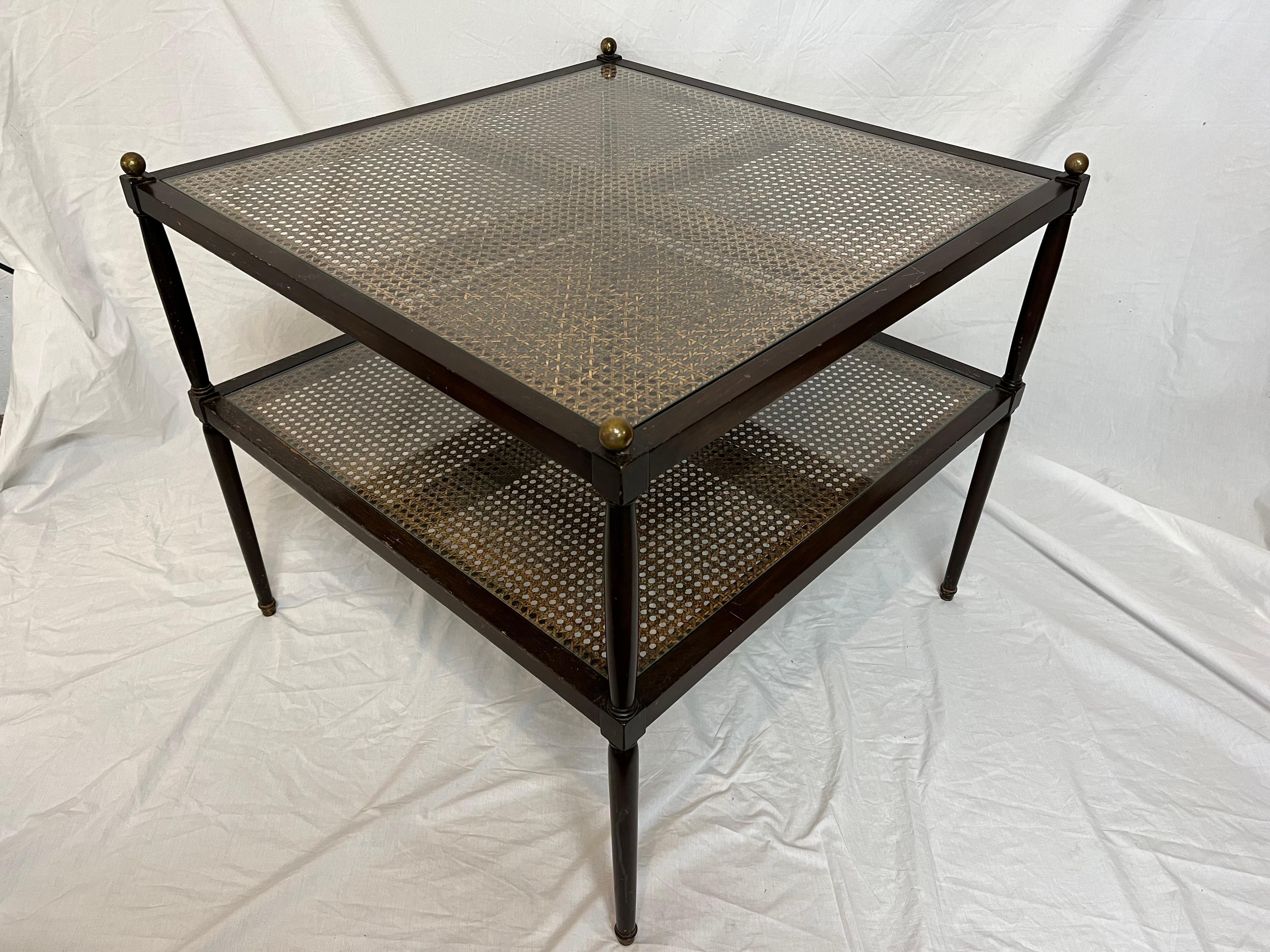 Vintage Two Tier Cane Brass Wood and Glass Large Square End Table 5