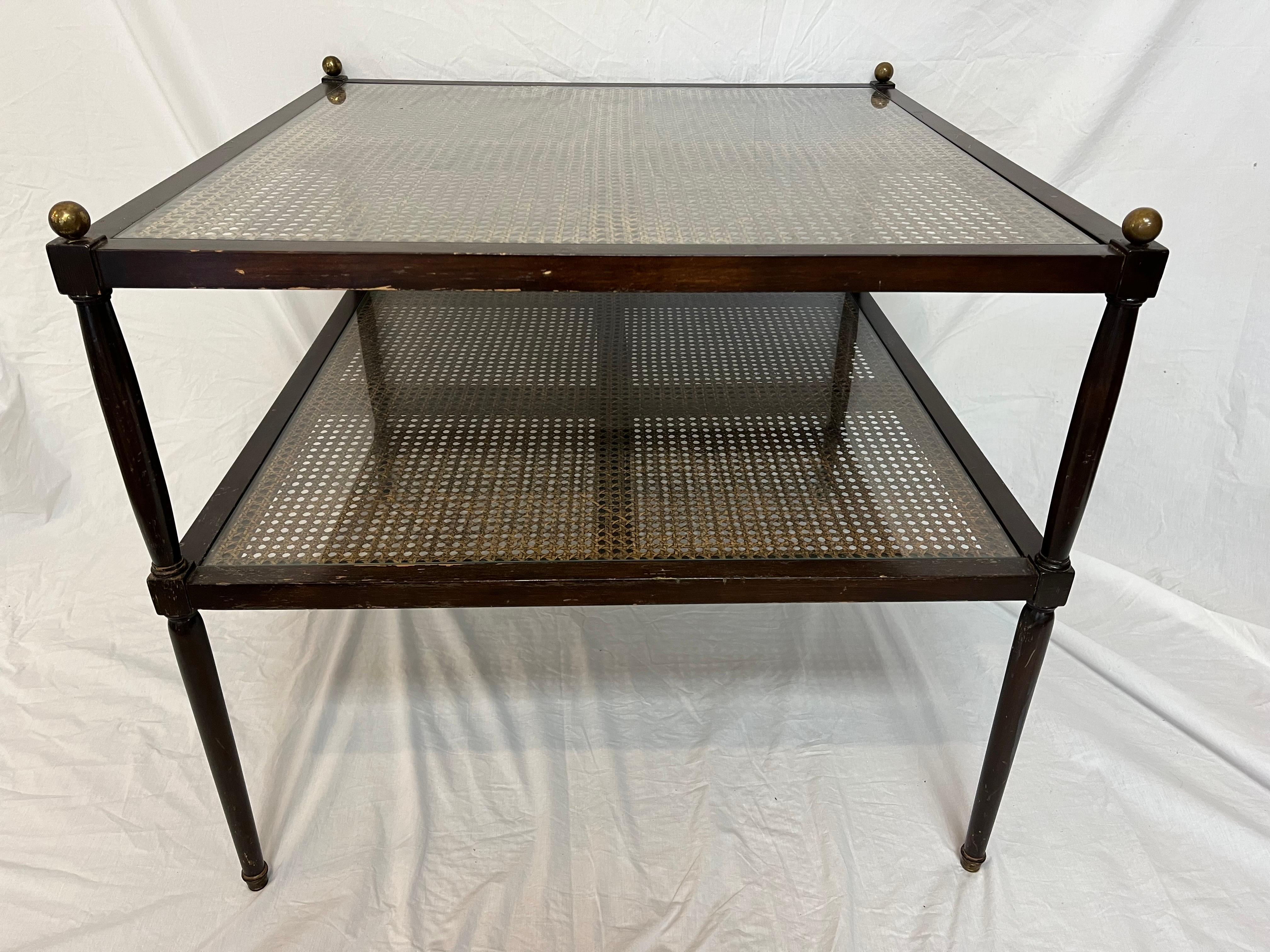 Vintage Two Tier Cane Brass Wood and Glass Large Square End Table 8