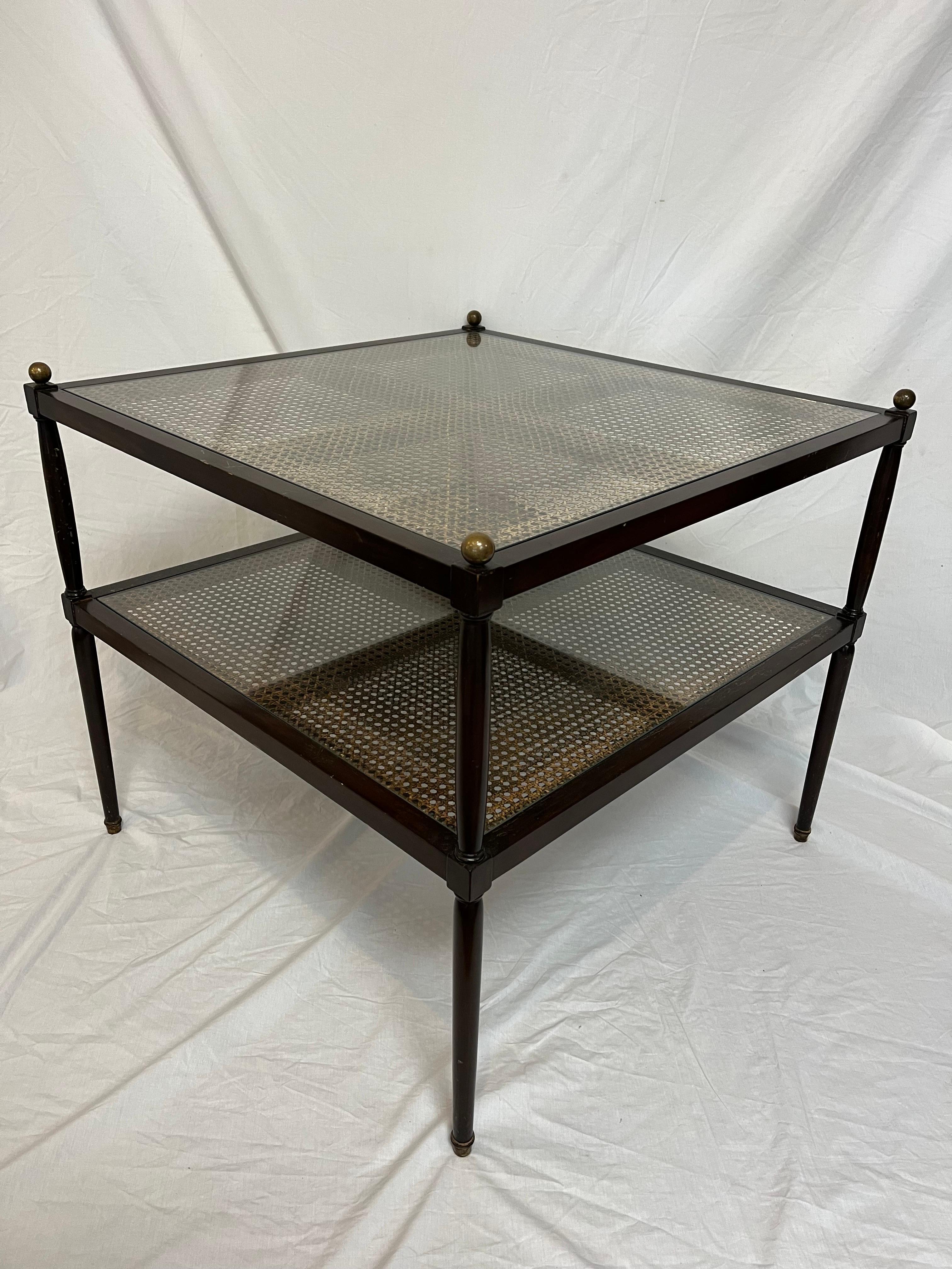 Vintage Two Tier Cane Brass Wood and Glass Large Square End Table In Fair Condition In Atlanta, GA