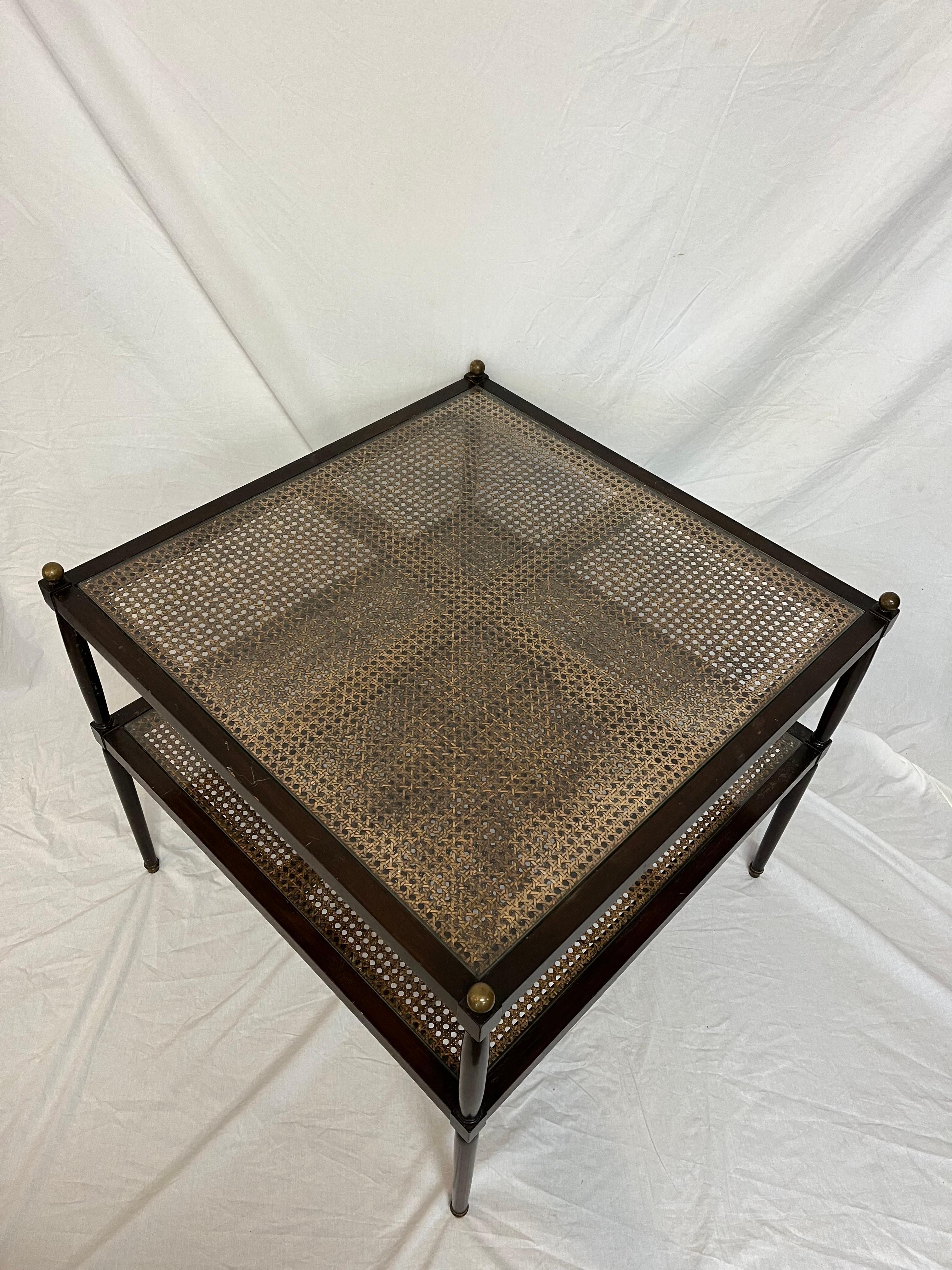 20th Century Vintage Two Tier Cane Brass Wood and Glass Large Square End Table