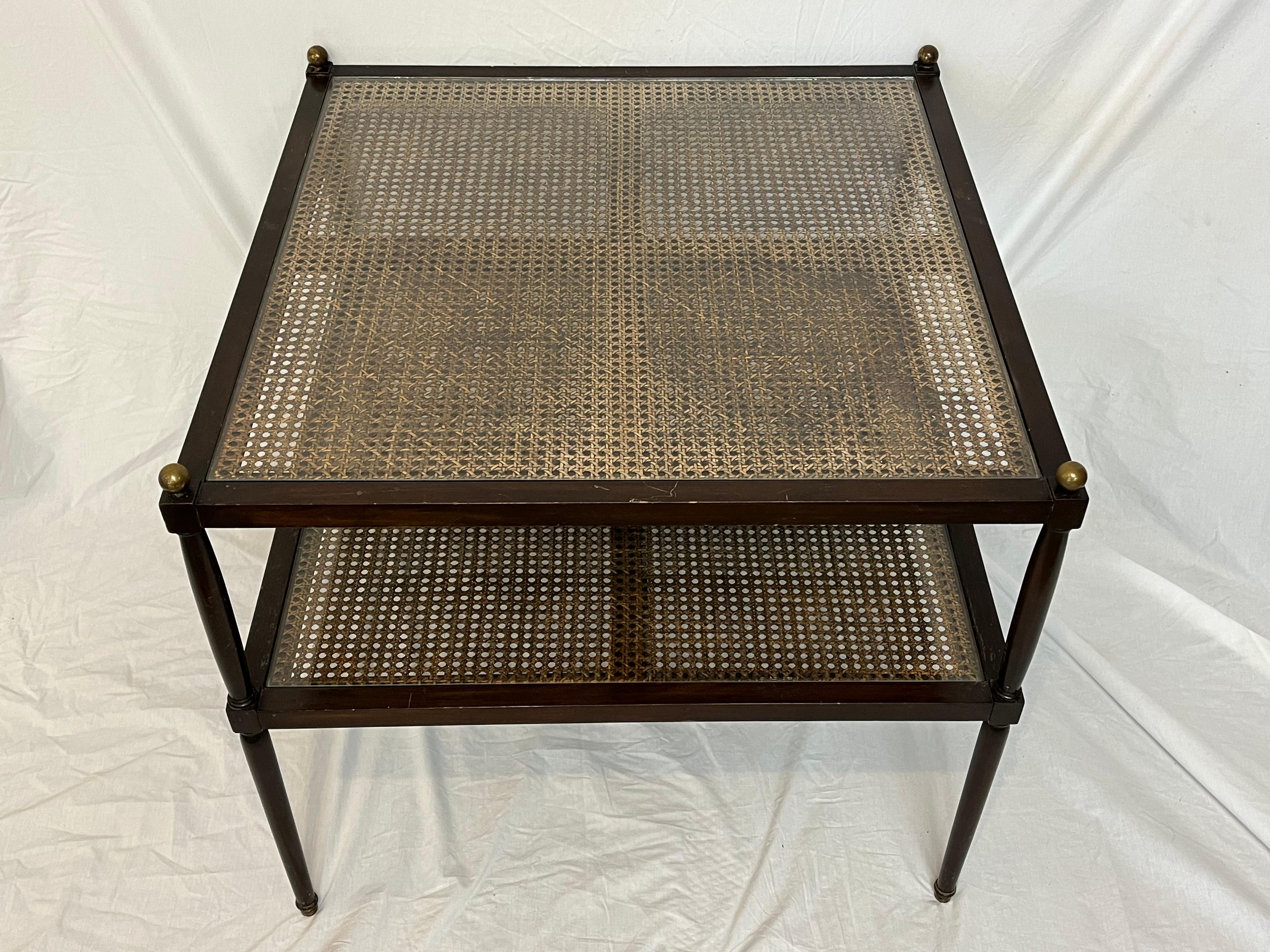 Vintage Two Tier Cane Brass Wood and Glass Large Square End Table 3