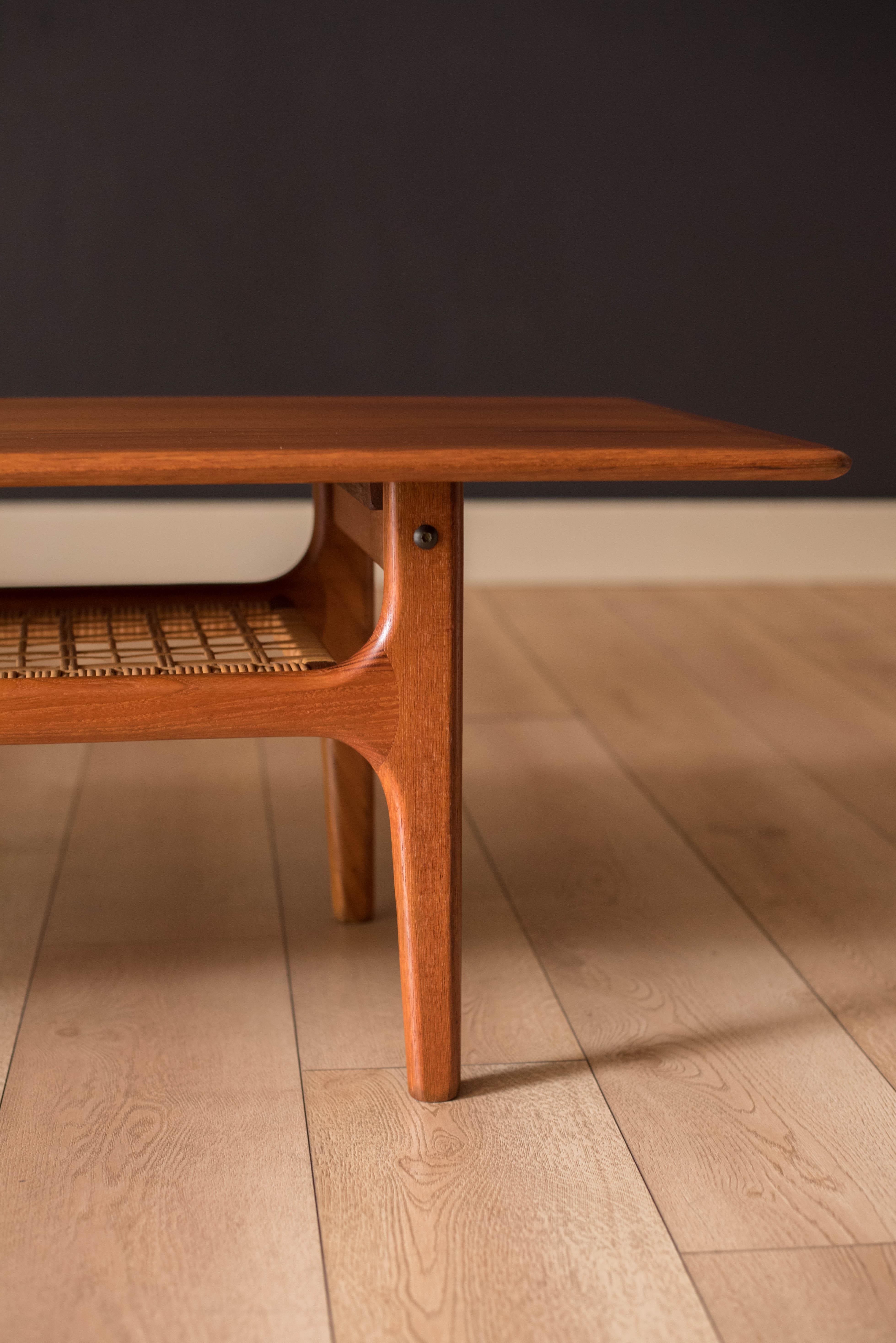 Mid-20th Century Vintage Two-Tier Danish Teak Coffee Table and Cane Magazine Rack