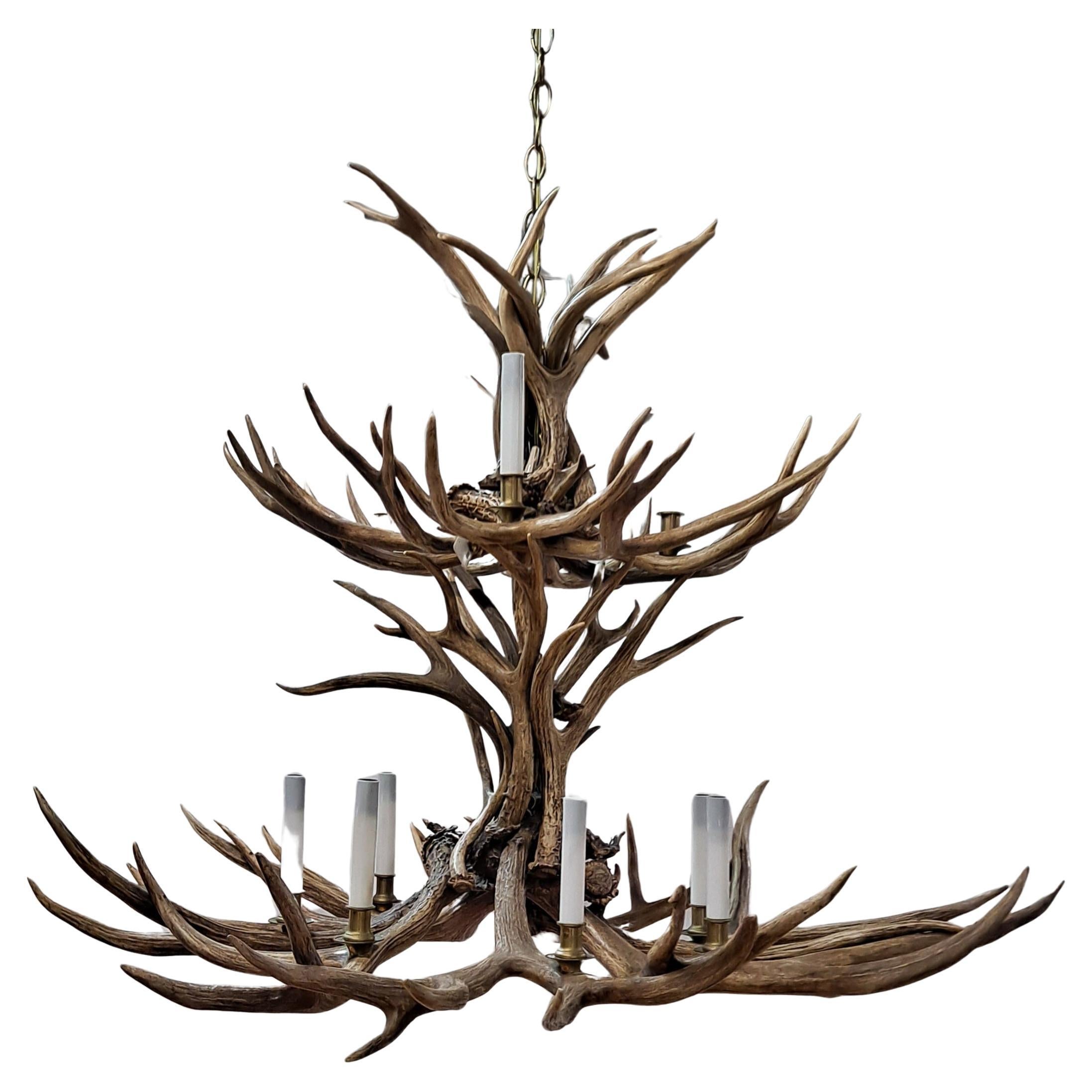 Vintage Two-Tier Faux/Vegan Deer Antler Eleven Light Chandelier For Sale