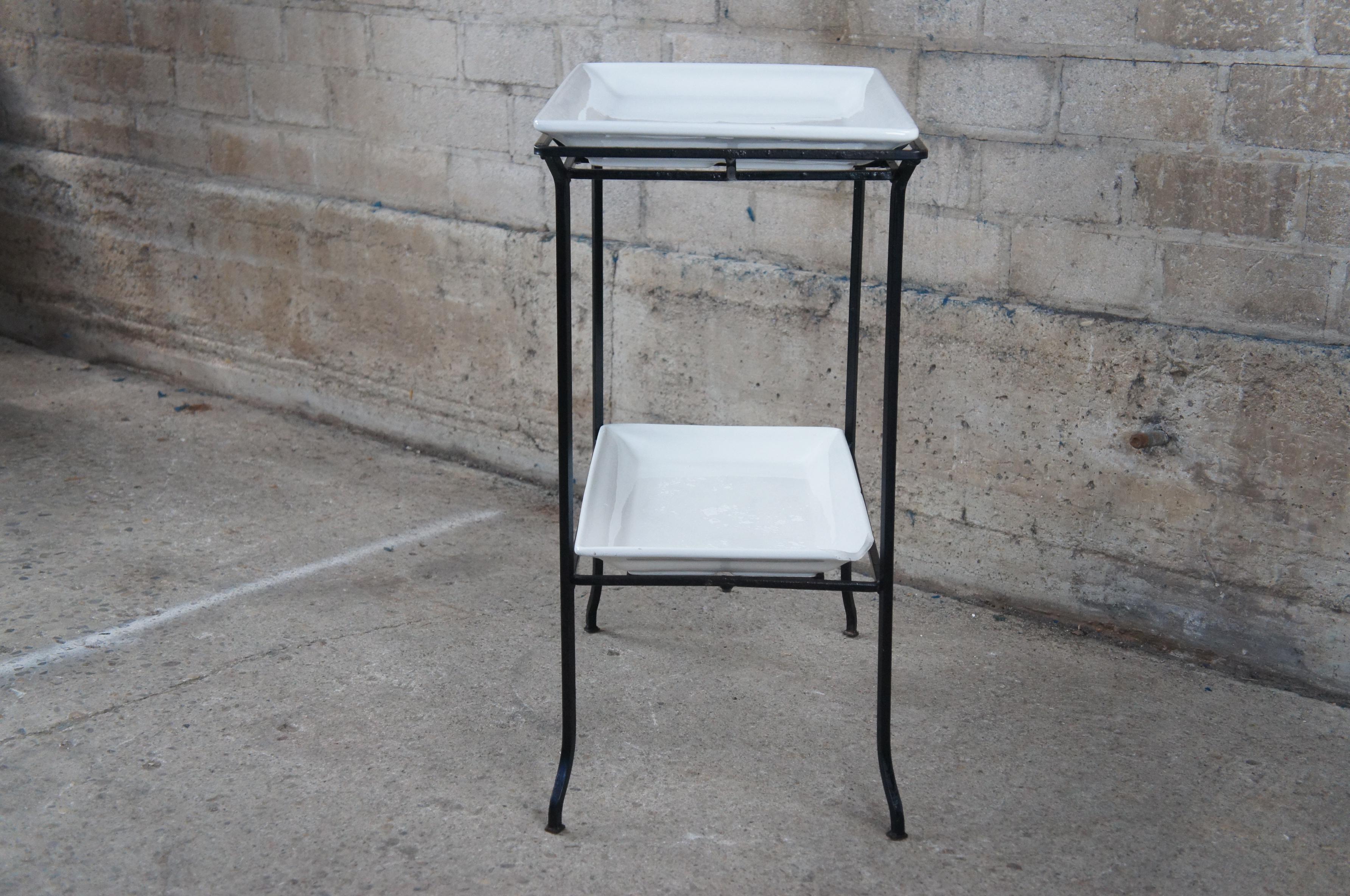 Vintage Two Tier Industrial Iron & Porcelain Serving Tray Table Dry Bar Stand For Sale 3