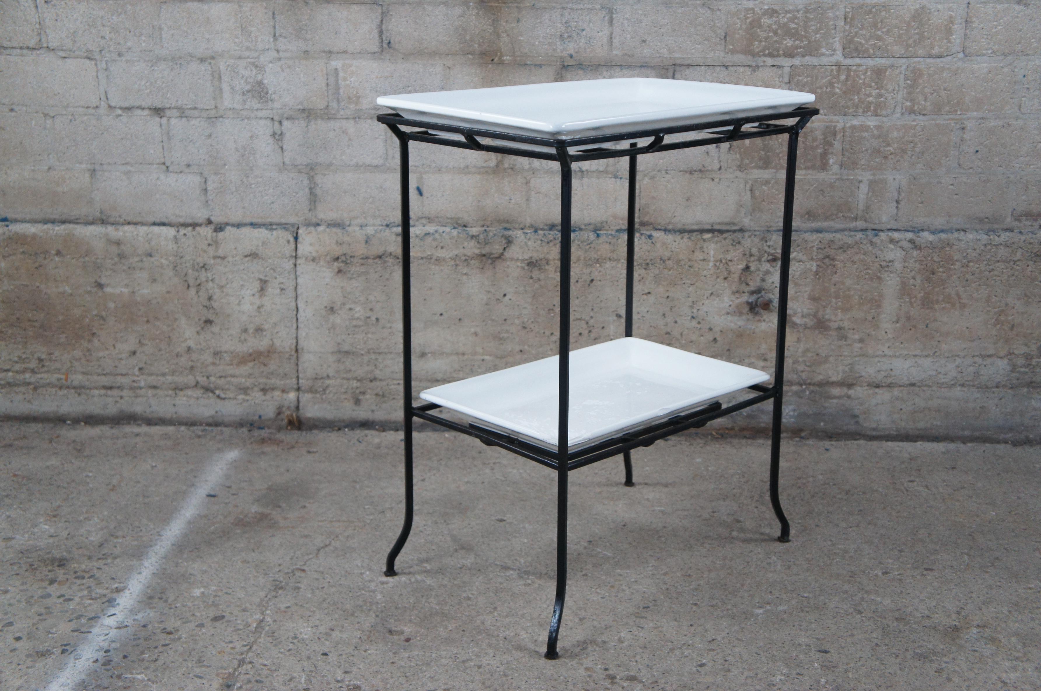 Vintage Two Tier Industrial Iron & Porcelain Serving Tray Table Dry Bar Stand For Sale 4