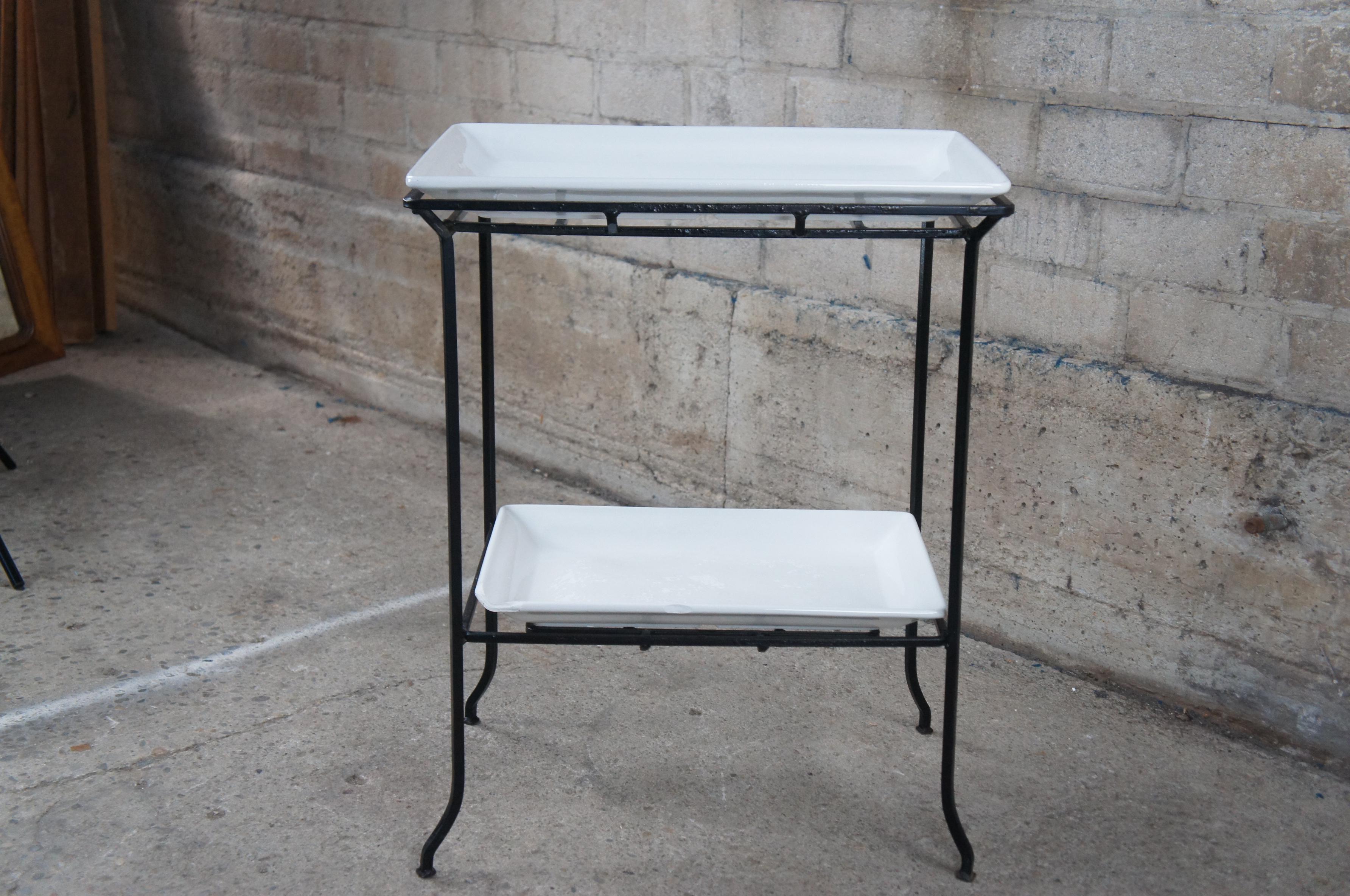 Vintage Two Tier Industrial Iron & Porcelain Serving Tray Table Dry Bar Stand For Sale 5