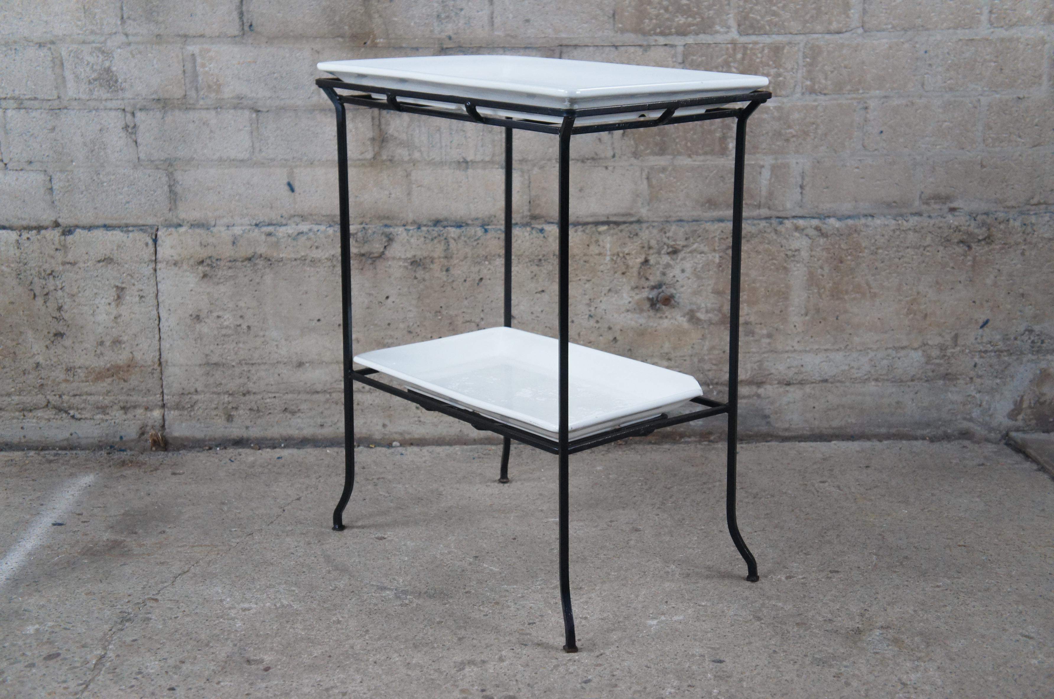 Vintage Two Tier Industrial Iron & Porcelain Serving Tray Table Dry Bar Stand For Sale 2
