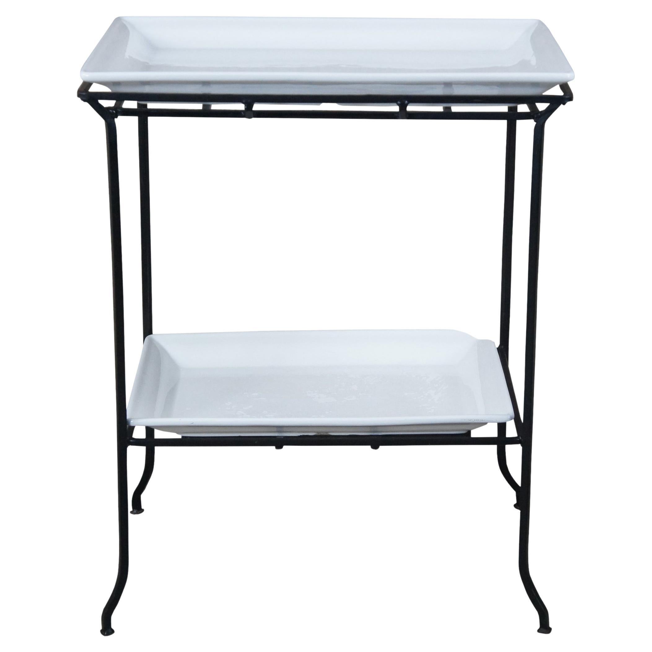 Vintage Two Tier Industrial Iron & Porcelain Serving Tray Table Dry Bar Stand For Sale