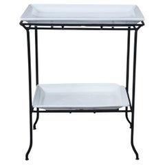 Used Two Tier Industrial Iron & Porcelain Serving Tray Table Dry Bar Stand