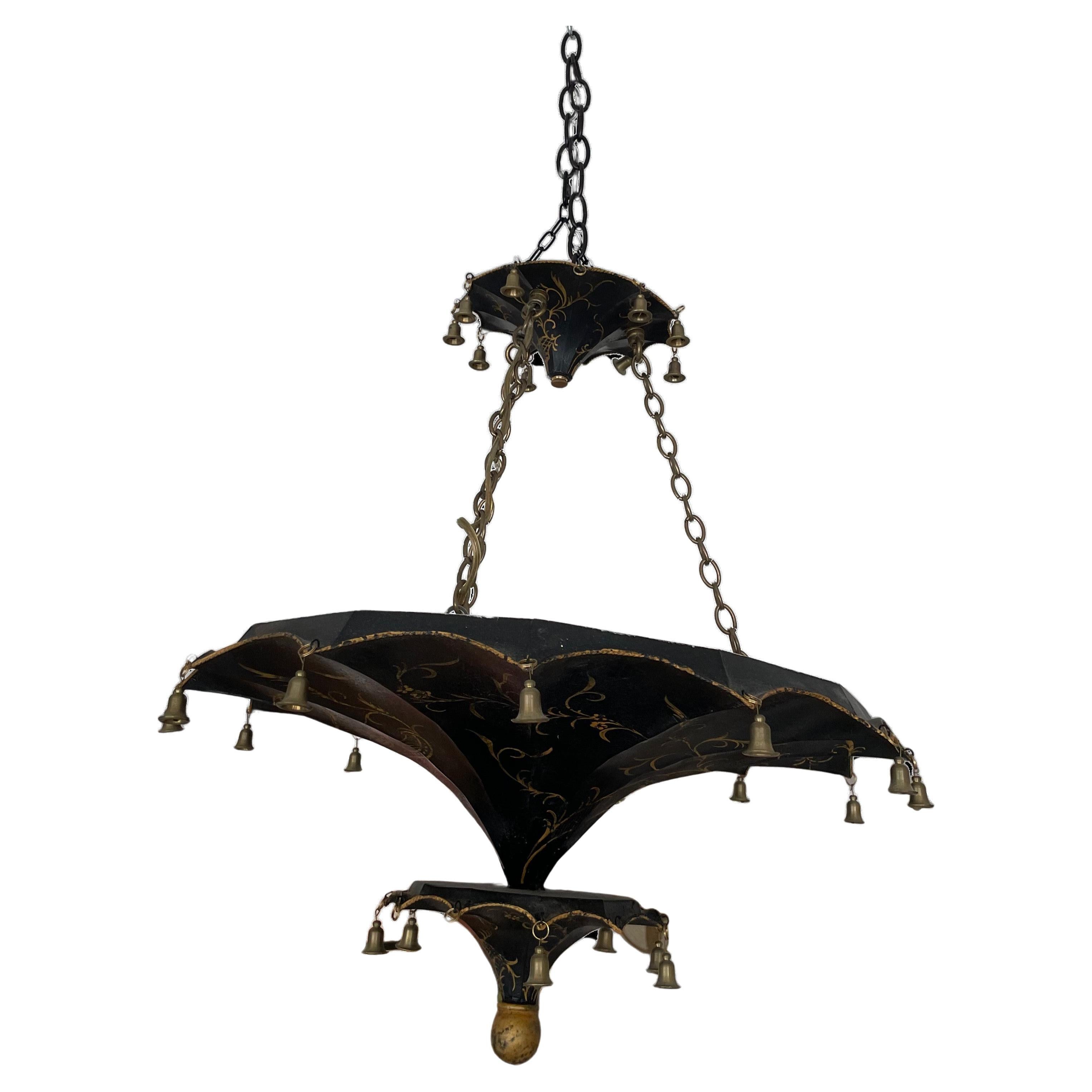 Vintage Two-Tier inverted Umbrella Chinoiserie Pagoda Chandelier w/ Brass Bells