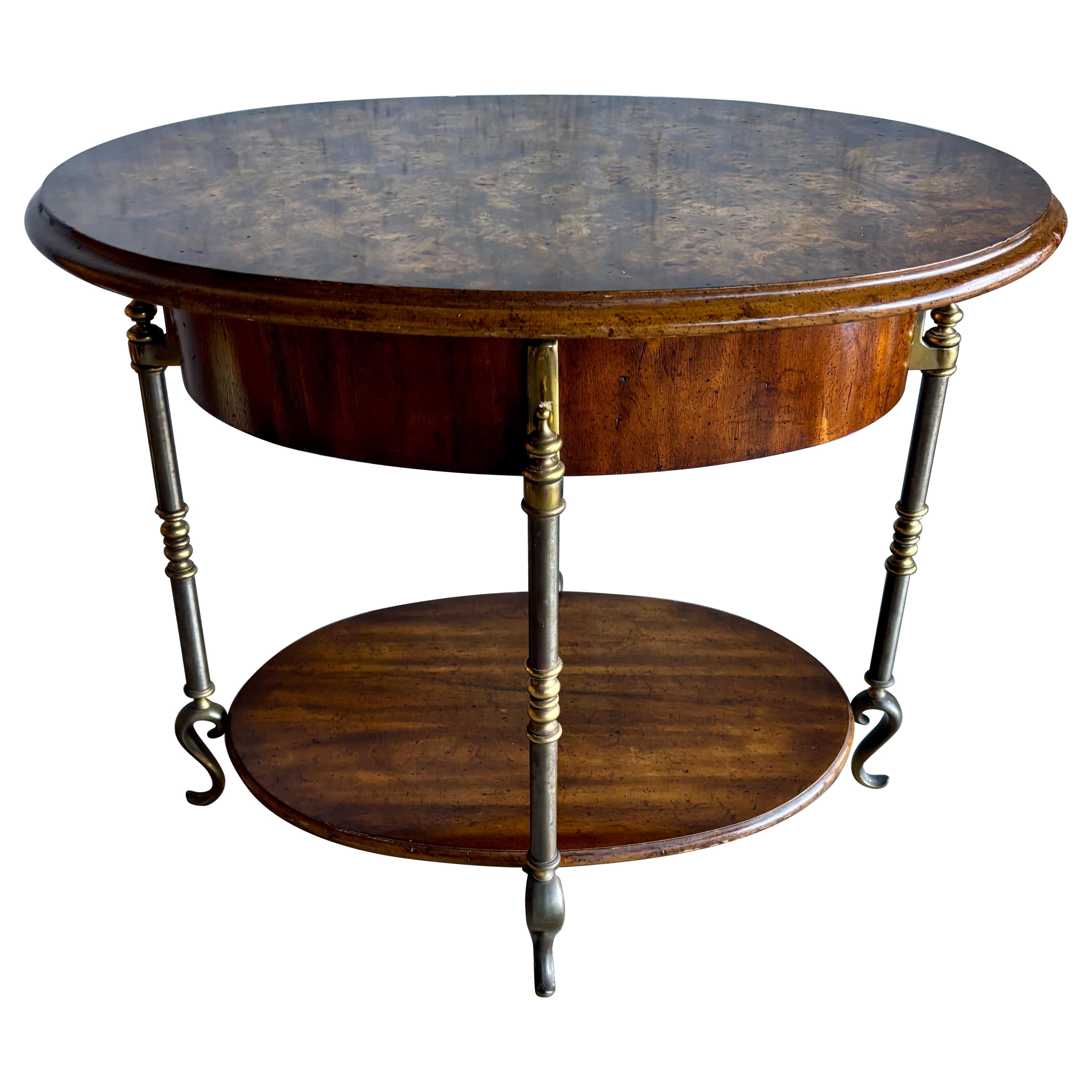 Vintage Two-Tier Occasional Table by Weiman, Burl Wood, Brass Details For Sale
