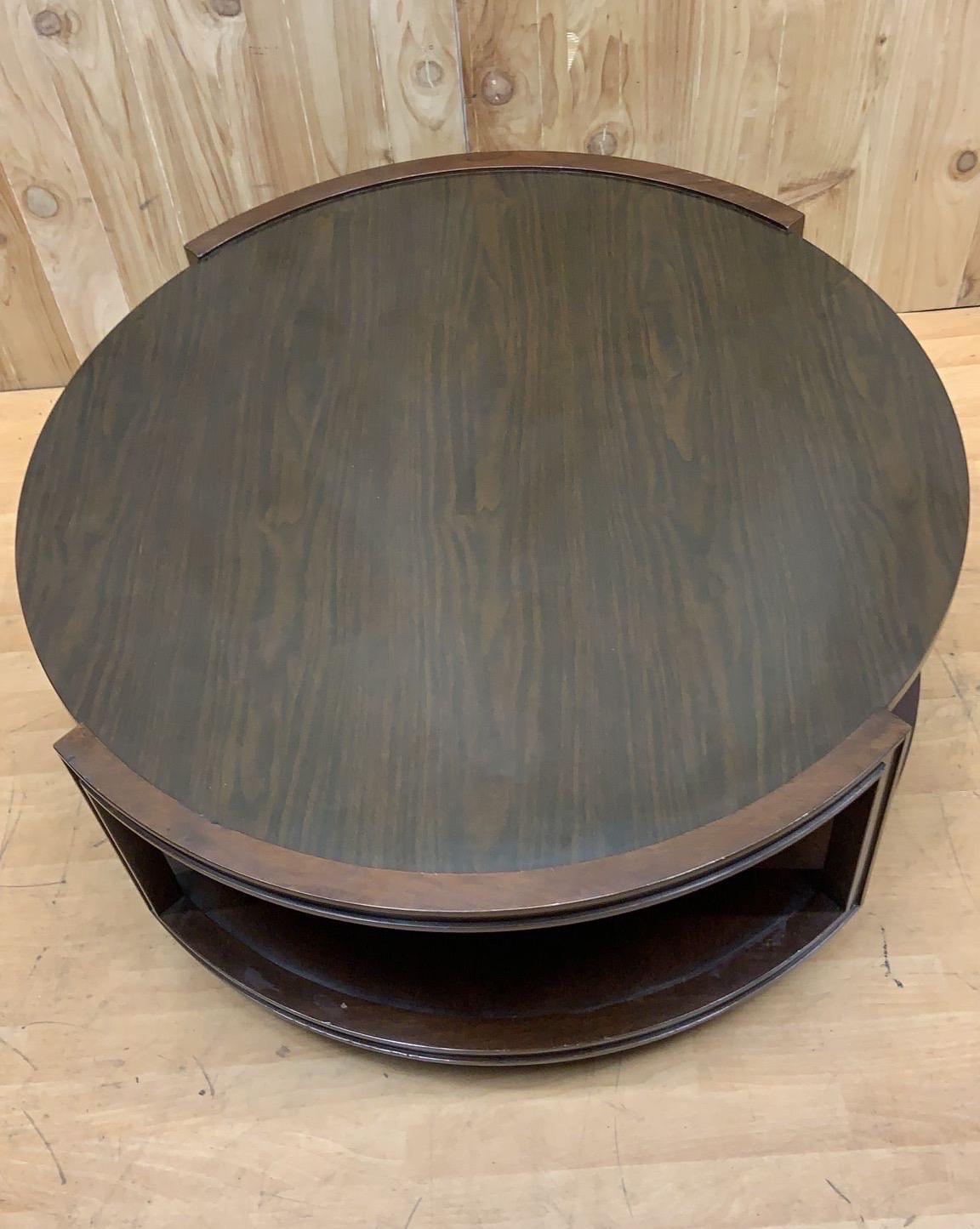 Mid-Century Modern Vintage Two Tier Round Wood Coffee Table on Casters For Sale