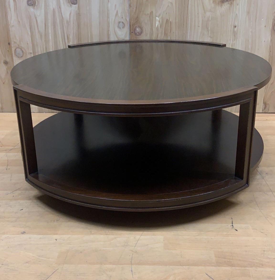 Hand-Crafted Vintage Two Tier Round Wood Coffee Table on Casters For Sale