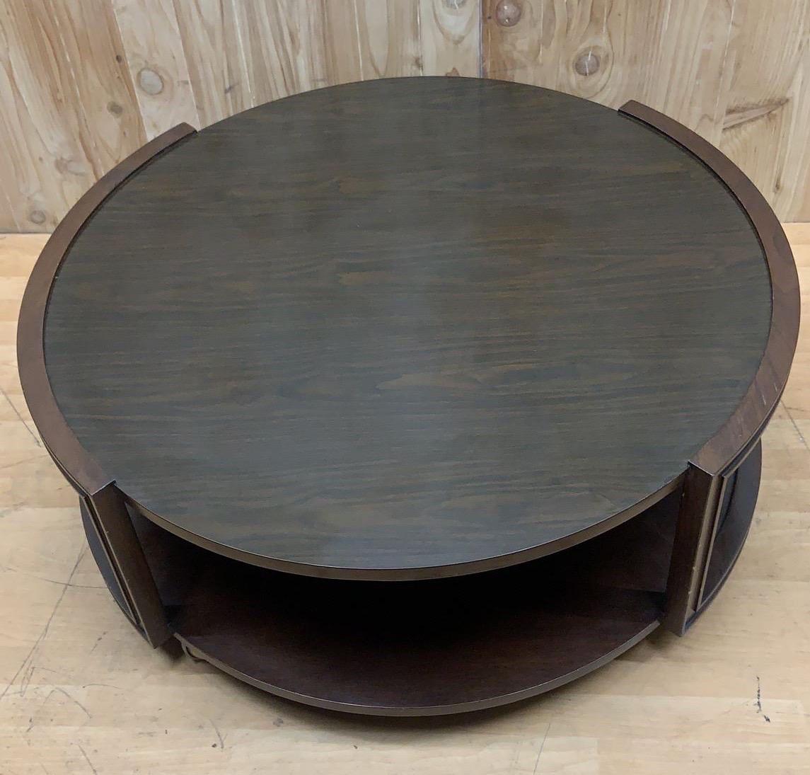 Late 20th Century Vintage Two Tier Round Wood Coffee Table on Casters For Sale