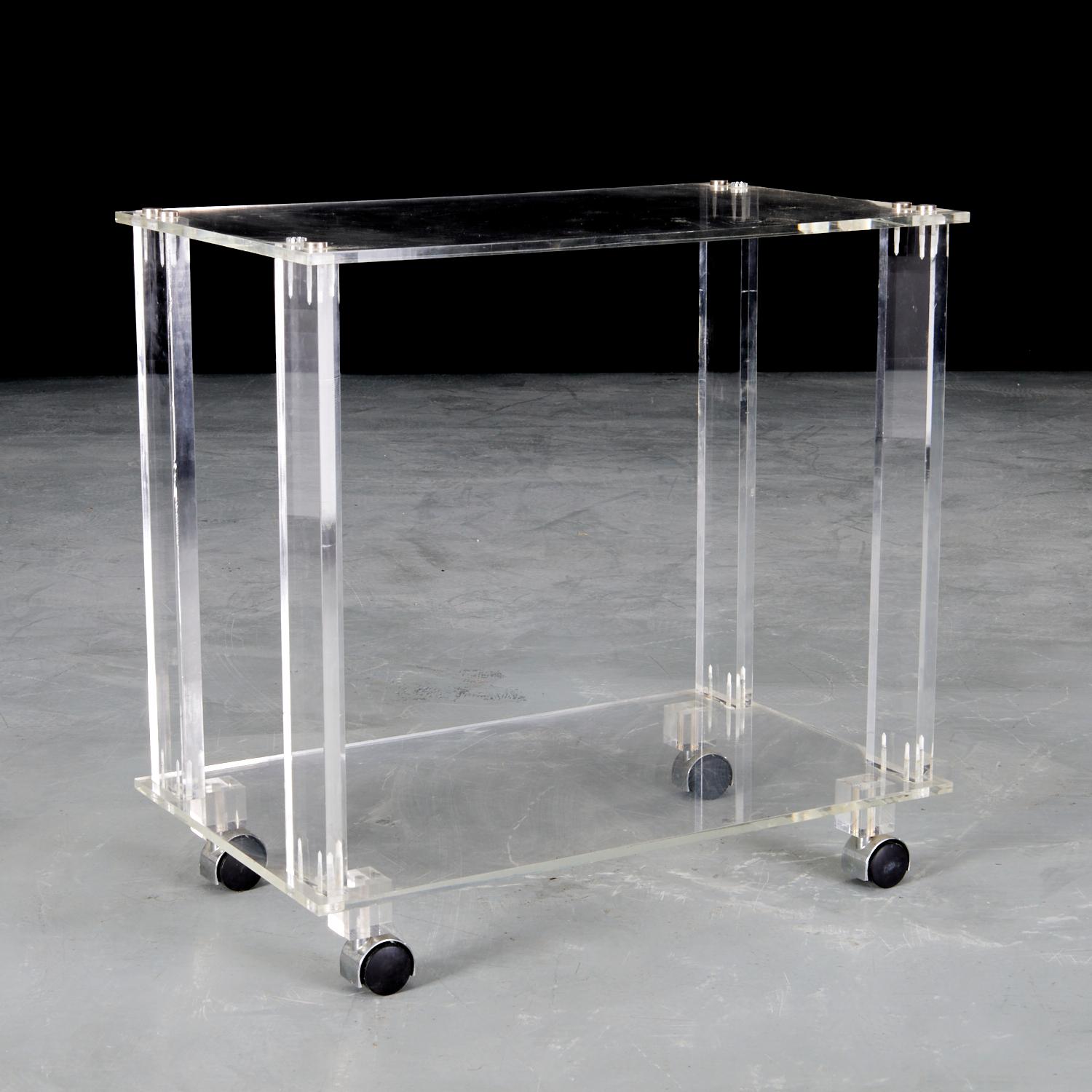 Vintage Two Tier Solid Acrylic Bar Cart  or Side Table on Casters  In Good Condition For Sale In Morristown, NJ