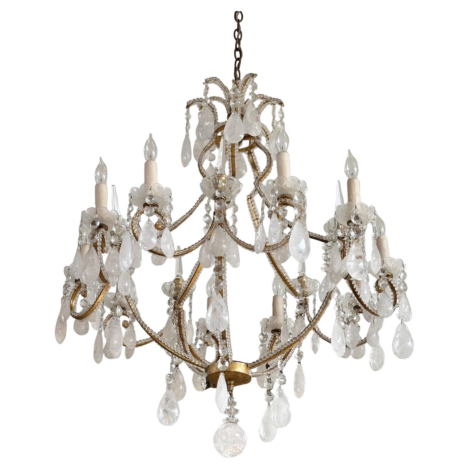 Lustre vintage à deux étages et dix lumières avec guirlande de perles de cristal et cadre Maria Theresa en vente