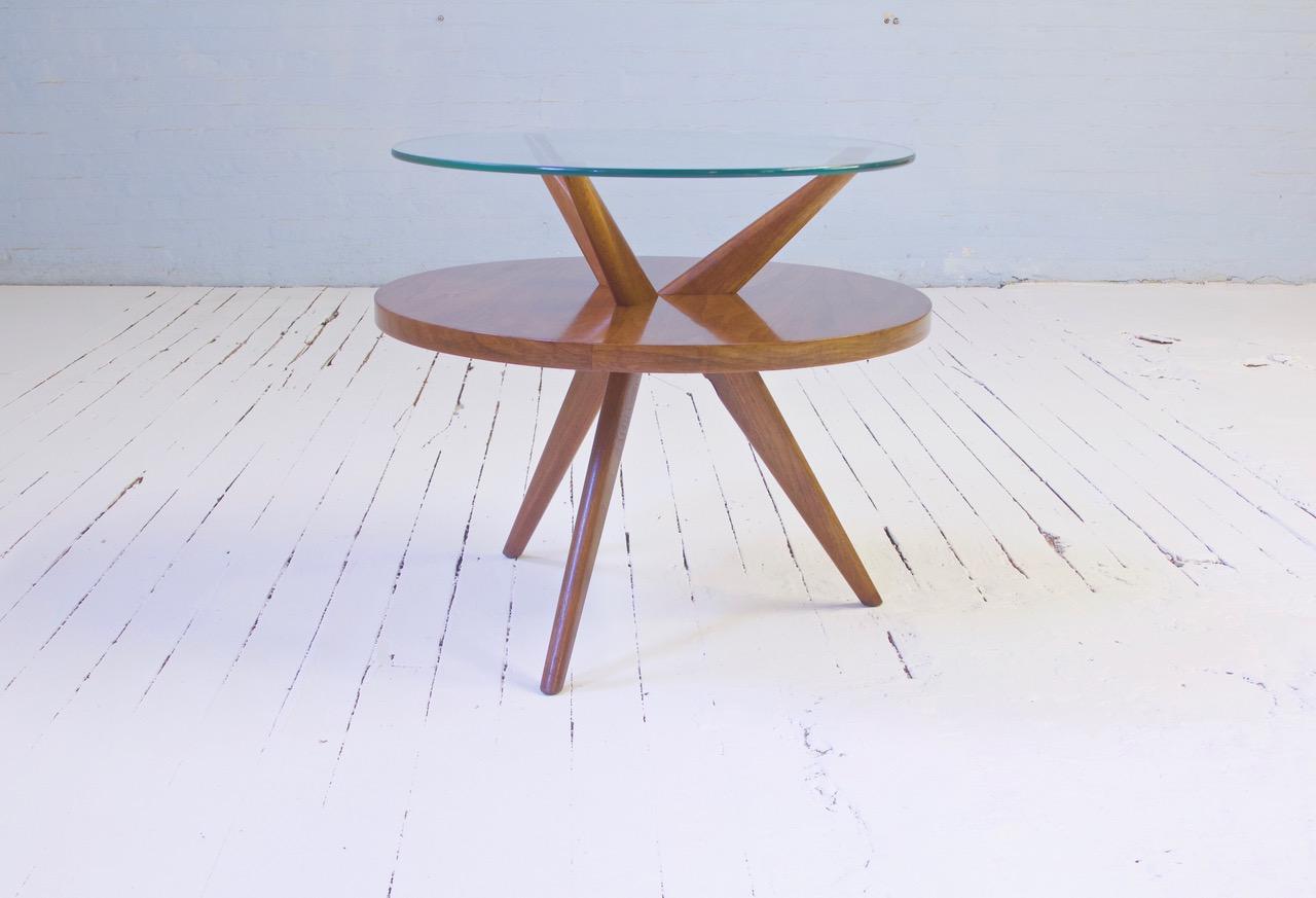 Mid-Century Modern Vintage Two-Tiered Black Walnut & Glass Tripod Side Table, 1960's
