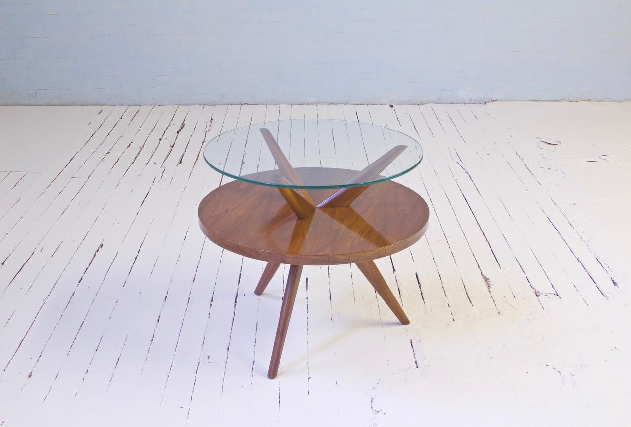 Woodwork Vintage Two-Tiered Black Walnut & Glass Tripod Side Table, 1960's
