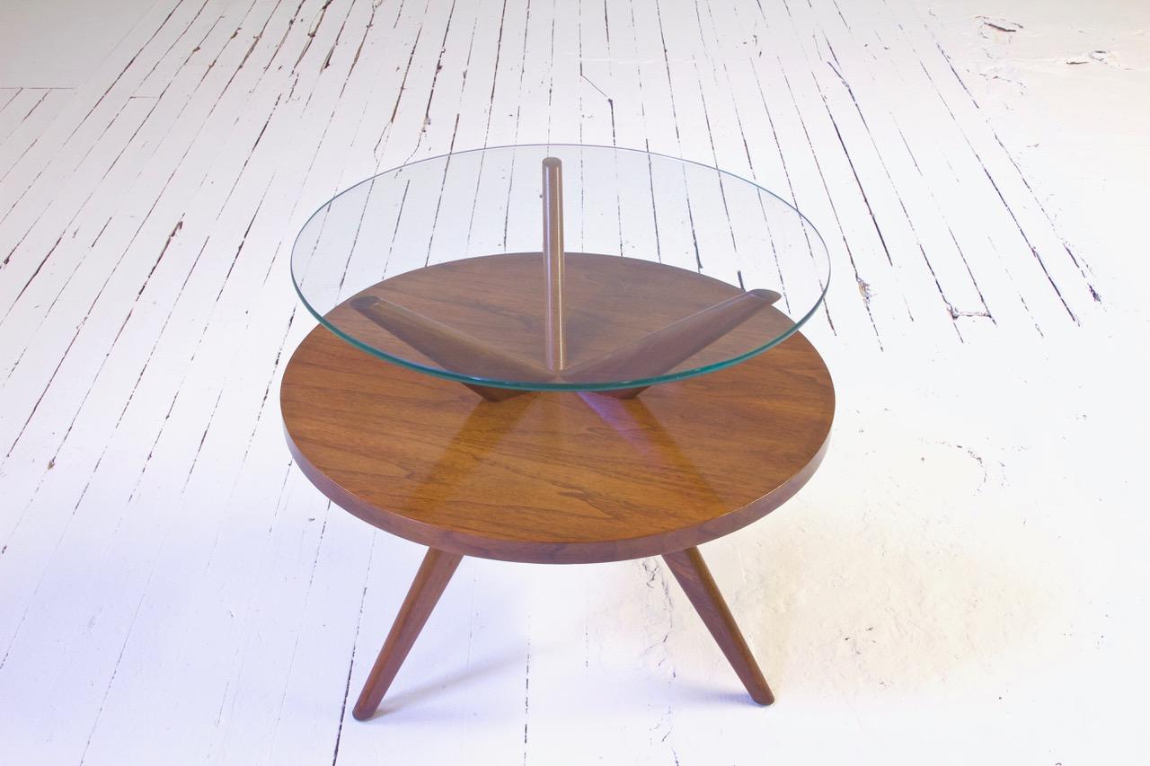 Vintage Two-Tiered Black Walnut & Glass Tripod Side Table, 1960's In Good Condition In Brooklyn, NY