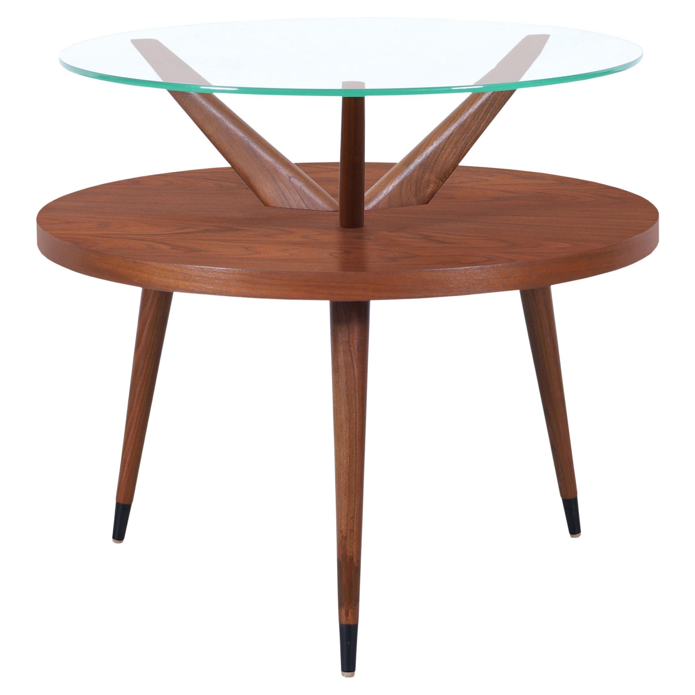 Vintage Two-Tiered Walnut and Glass Tripod Table For Sale