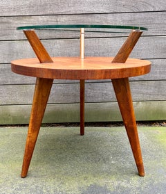 Vintage Two-Tiered Wood and Glass Tripod End Table, USA, 1960's