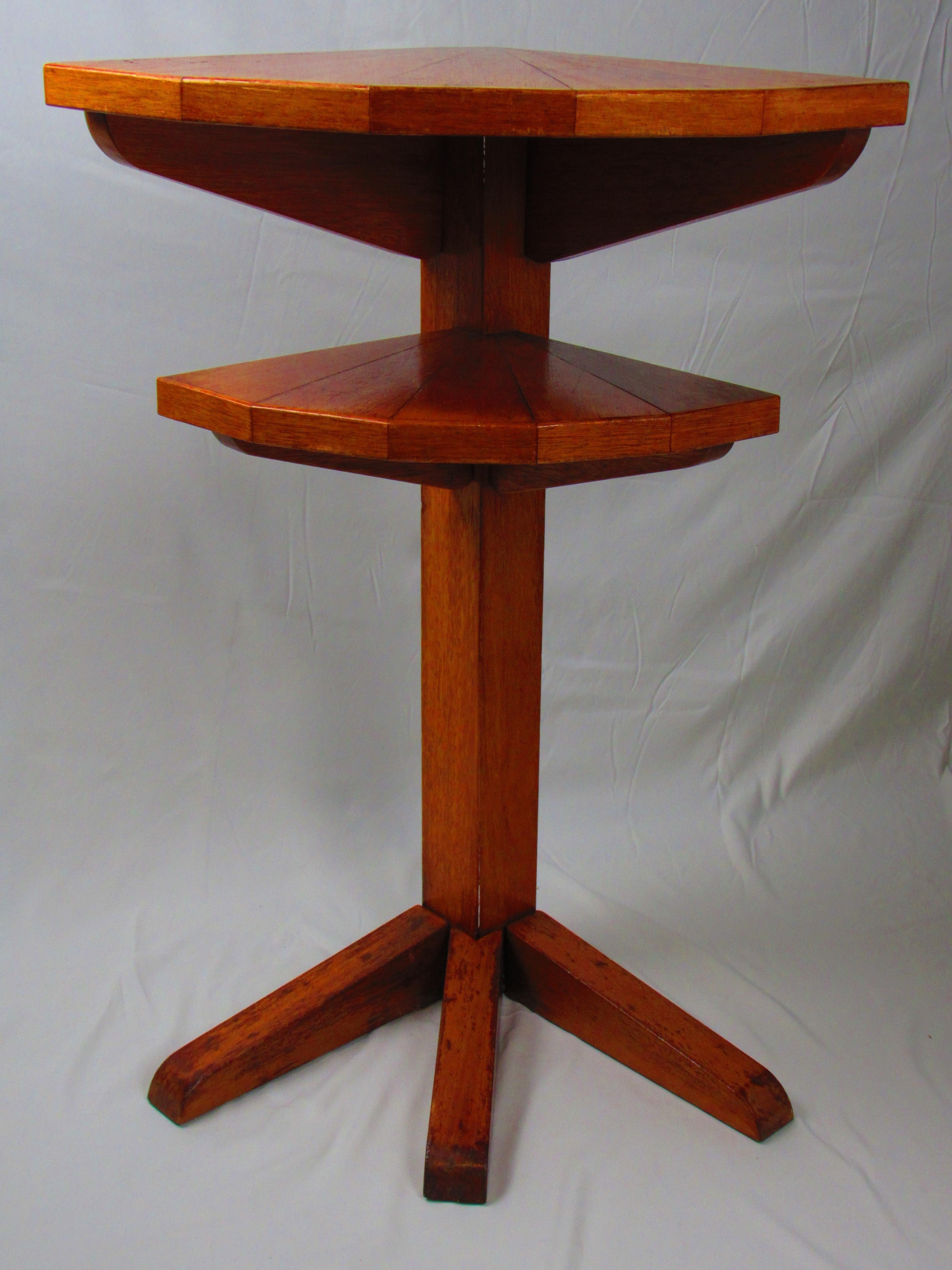 Two-tiered oak corner table with unique spoke leg For Sale 5