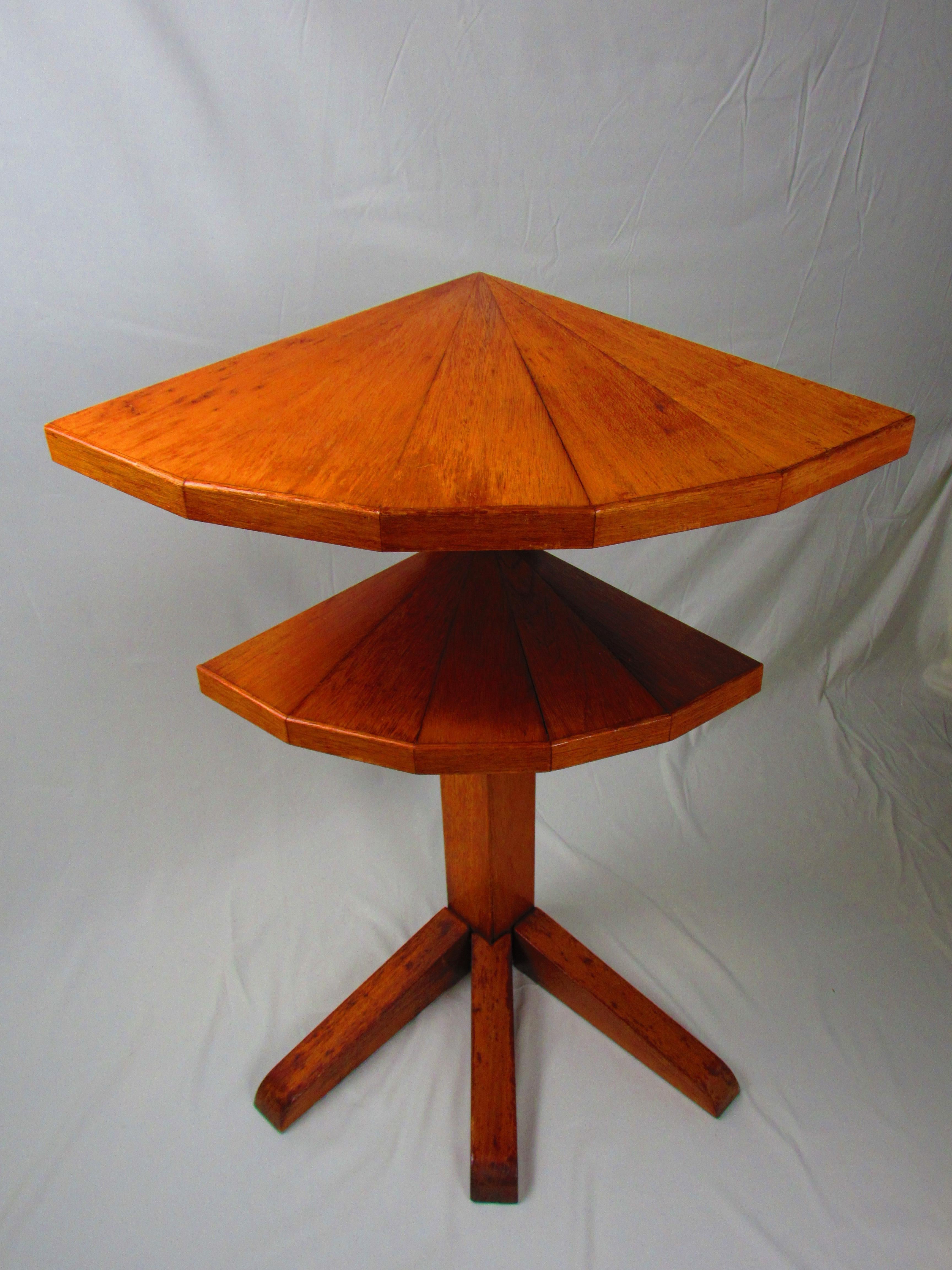 Two-tiered oak corner table with unique spoke leg For Sale 1