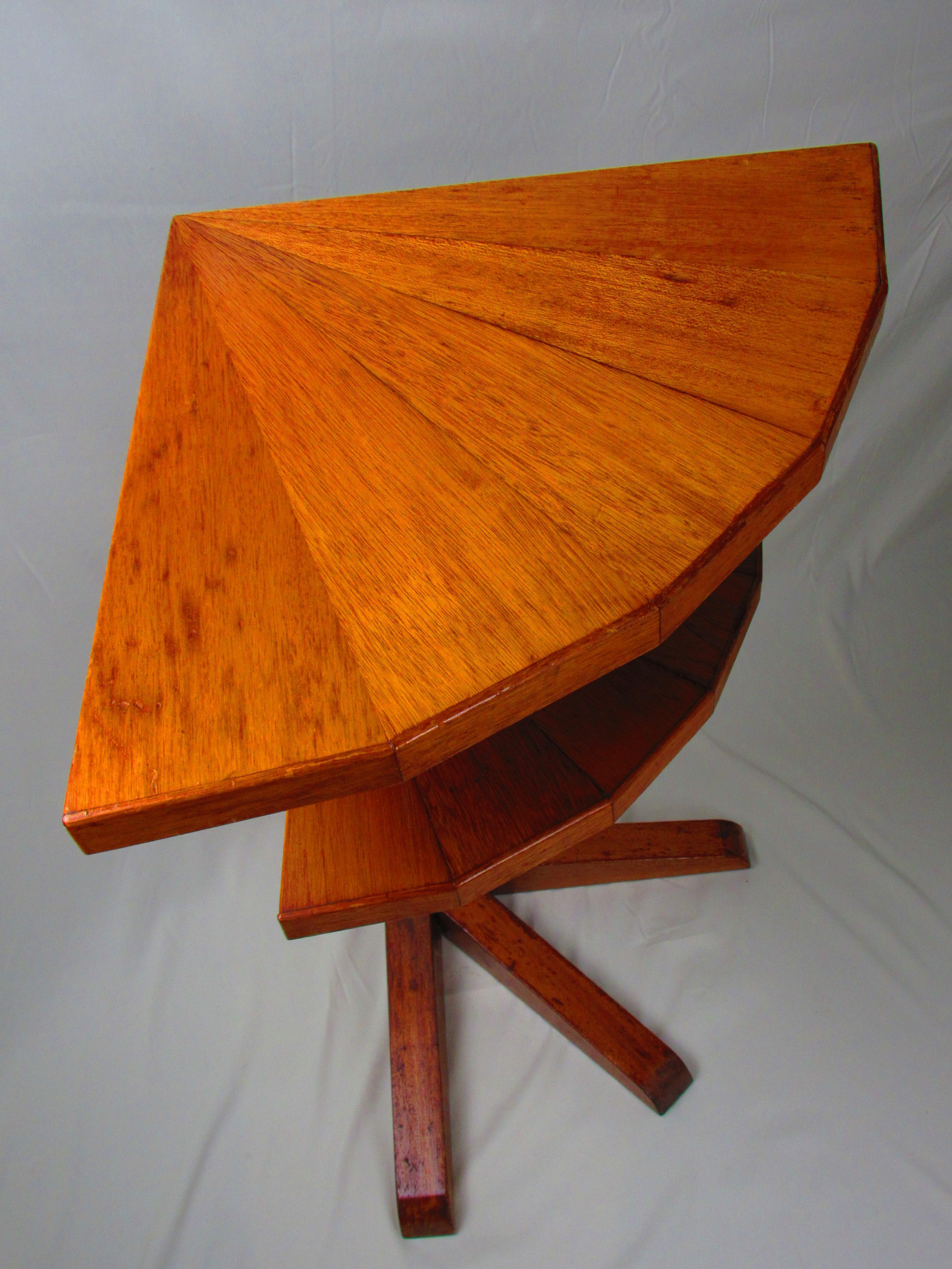 Two-tiered oak corner table with unique spoke leg For Sale 2