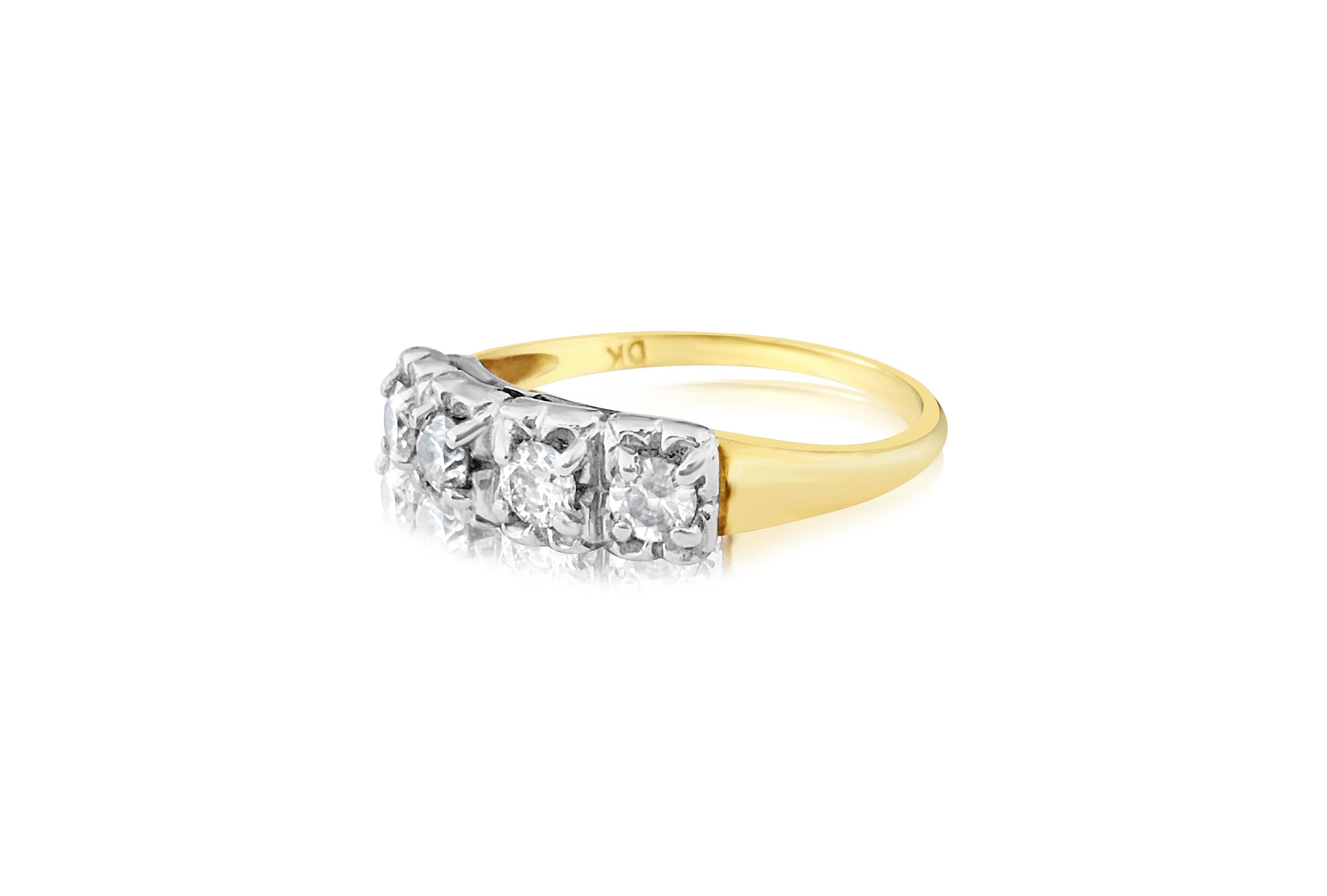 Metal: 14k yellow gold and white gold, two tone. 
Total carat weight of all diamonds: 0.48 carats. VS clarity and G color. Round brilliant cut diamonds set in prongs. All diamonds are 100% natural earth mined. Has 14kt hallmark on the metal.