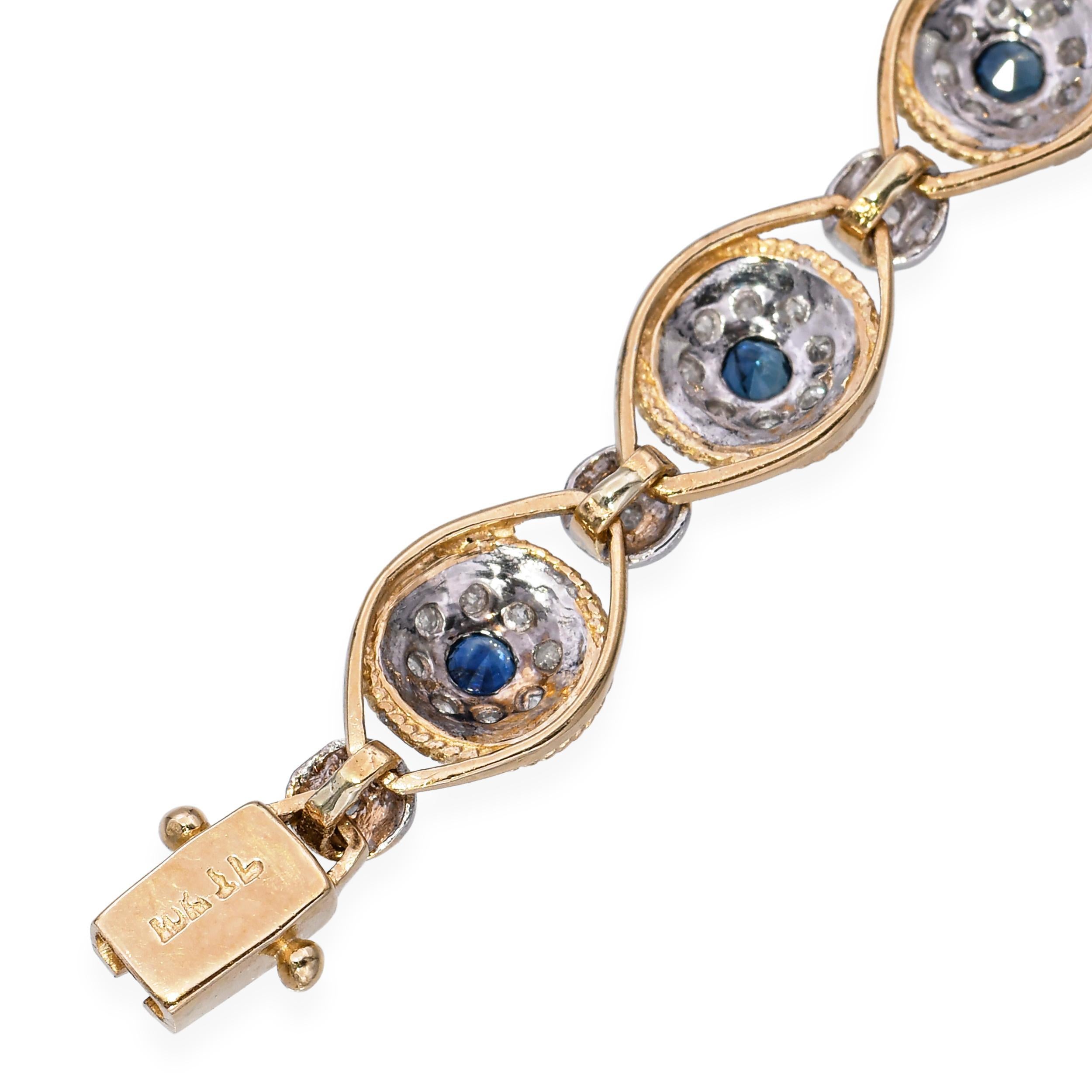 Vintage Two Tone 10k Gold 2.0tcw Diamond and 0.43tcw Sapphire Link Bracelet Bon état - En vente à New York, NY