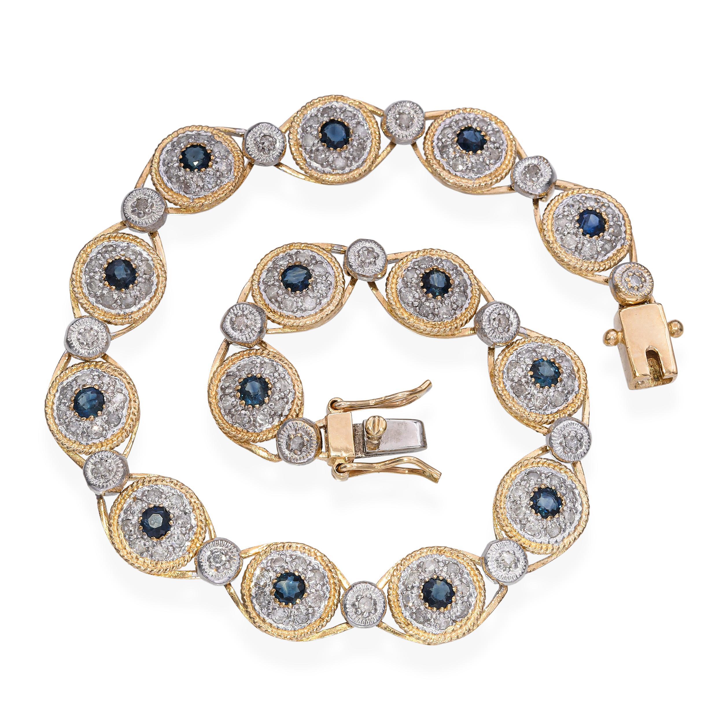 Vintage Two Tone 10k Gold 2.0tcw Diamond and 0.43tcw Sapphire Link Bracelet Pour femmes en vente
