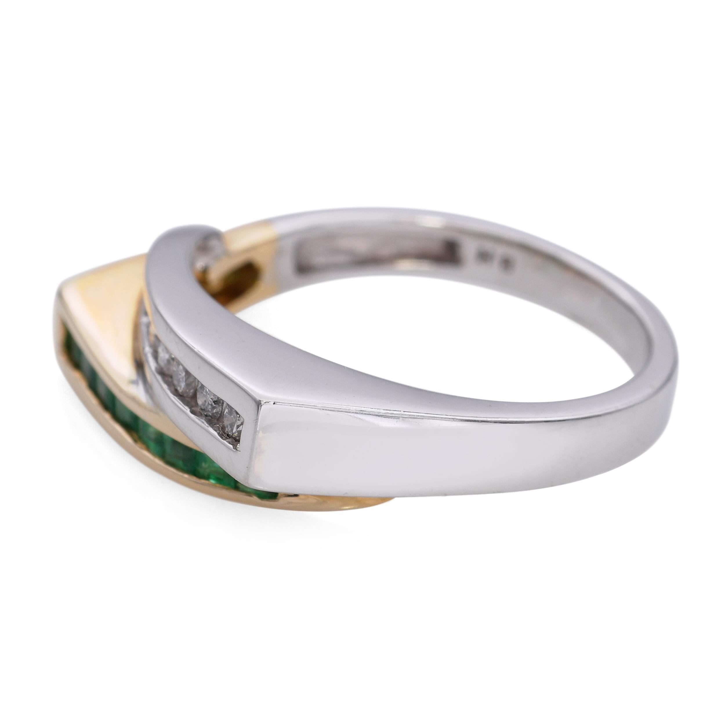 Bague bypass vintage en or 14k bicolore avec diamants et émeraudes Pour femmes en vente
