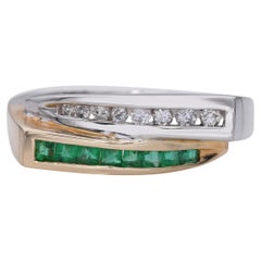 Bague bypass vintage en or 14k bicolore avec diamants et émeraudes