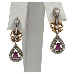 Vintage Two-Tone 14K Ruby & Diamond Floral Drop Earrings