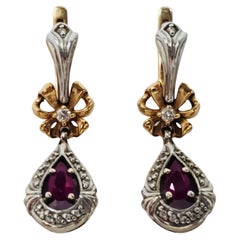 Orecchini a goccia floreali d'epoca bicolore in rubino e diamanti 14K